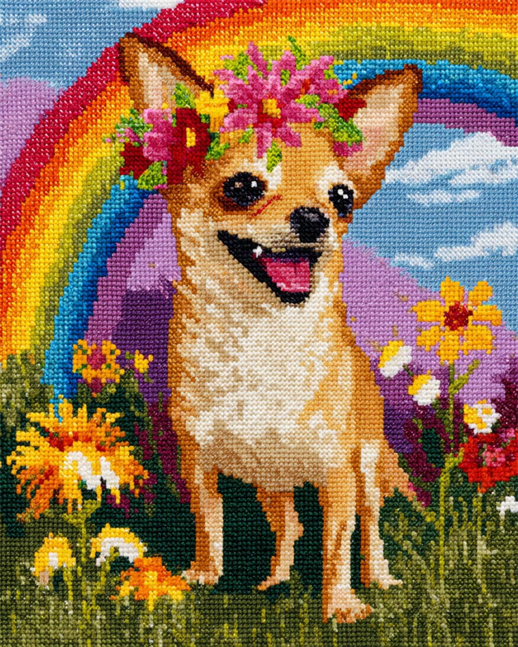 AxiangziK DIY Cross Stitch Kits Chihuahuas and Flowers 11CT 50x70cm