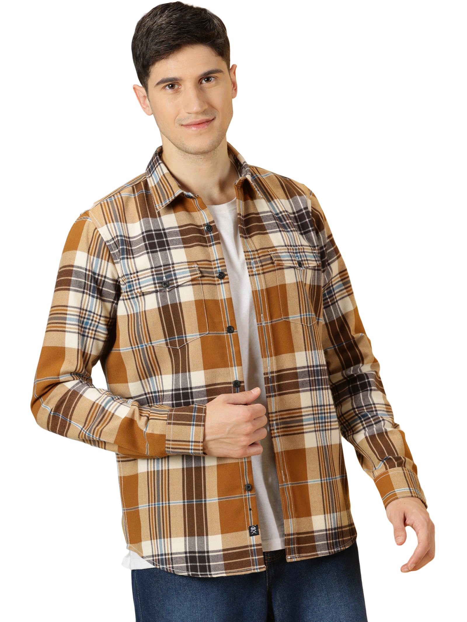 Thomas Scott - Camisa casual a cuadros para hombre (corte recto, 100% algodón, doble bolsillo, cuello ancho