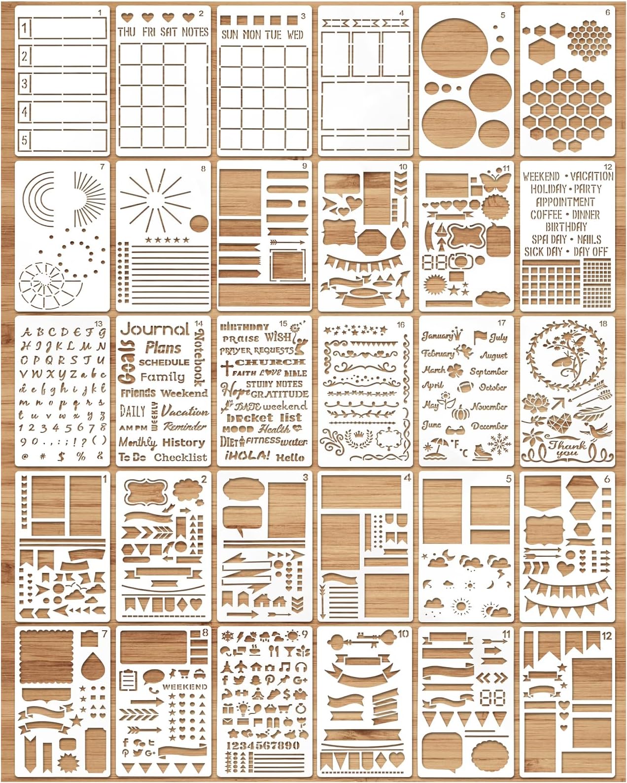 MWOOT 30Pcs Mixed Journal Stencils Kit, Planner Stencil Drawing Painting Template, Reusable Shapes Bullet Diary Journal DIY Supplies for Scrapbook Notebook Card Making Wood Wall Art Decor(17.8x10.2CM)
