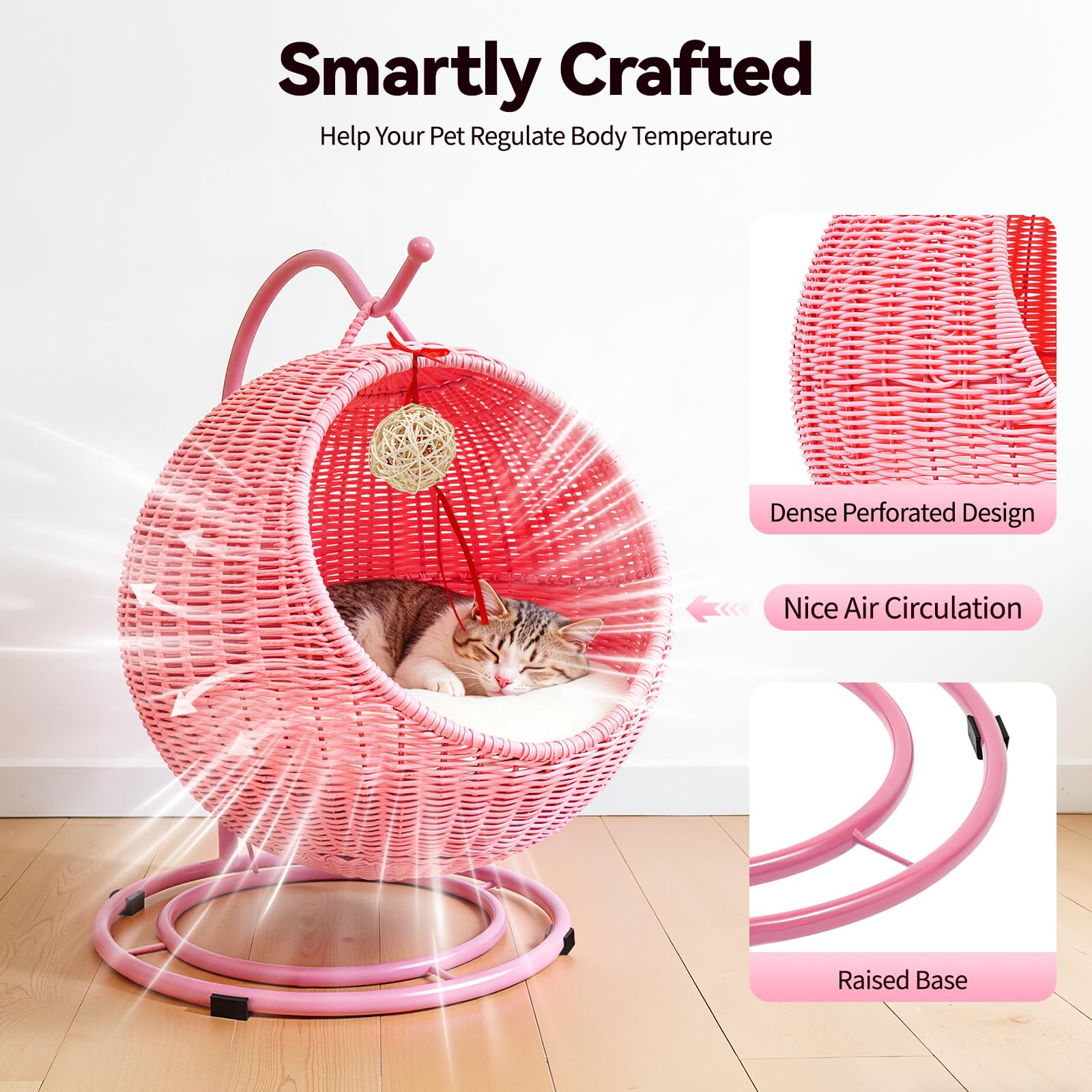 Katzenschaukel | Katzensofa Pink | Katzenkorb Rattan | Handweben Hängeschaukel Katze | Papasan Chair for Cats | Stylische Katzenhöhle | bis zu 7,5 kg