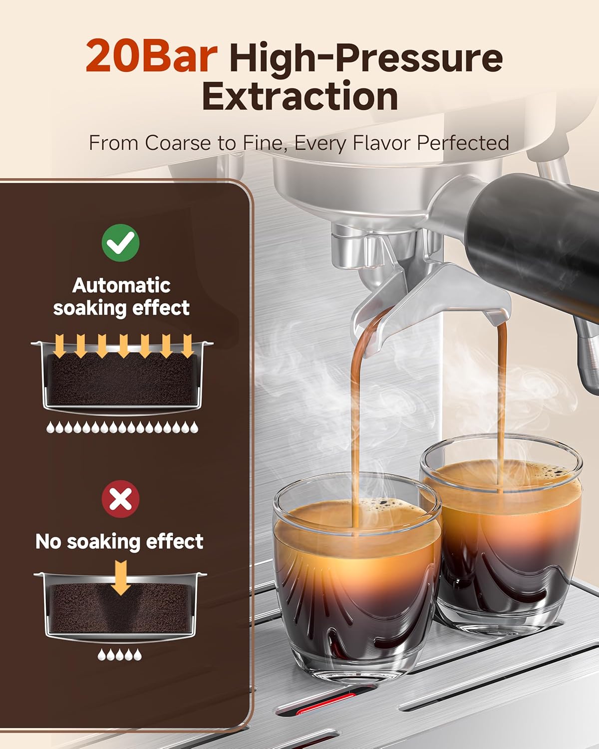 AMZCHEF Espresso Machine with Grinder: 20 Bar Semi Automatic Coffee Machine with 44 Grind Settings, 4-Temperature for Hot  Cold Brew | 8mm Milk Frother for Latte  Cappuccino,Stainless Steel