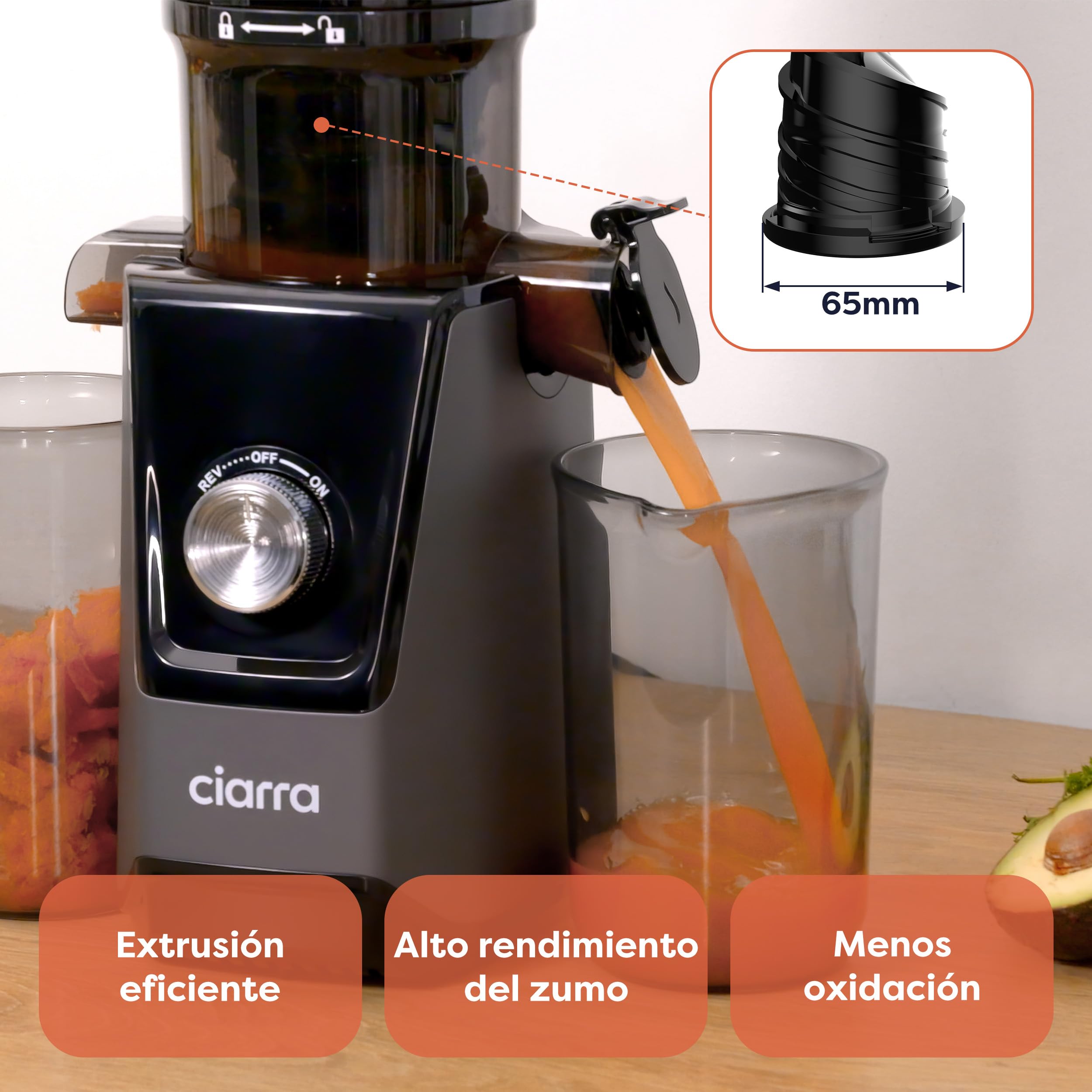 Ciarra CBSJ046-G Exprimidor Lento Canal de Alimentación de 108mm Extractor de Zumos y Verduras con Alta Pureza Slow Juicer XXL Licuadora en frío 2 Vasos Incluidos