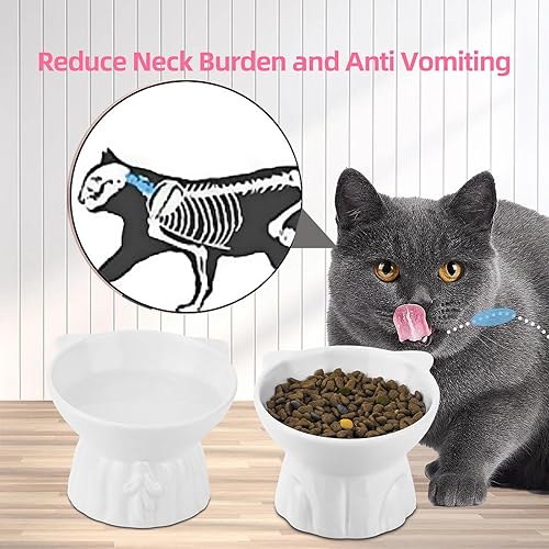 Miniatura 3 de Paquete de 2 cuencos elevados para gatos, platos elevados de cerámica para alimentos y agua para gatos, diseño extra ancho y poco profundo,