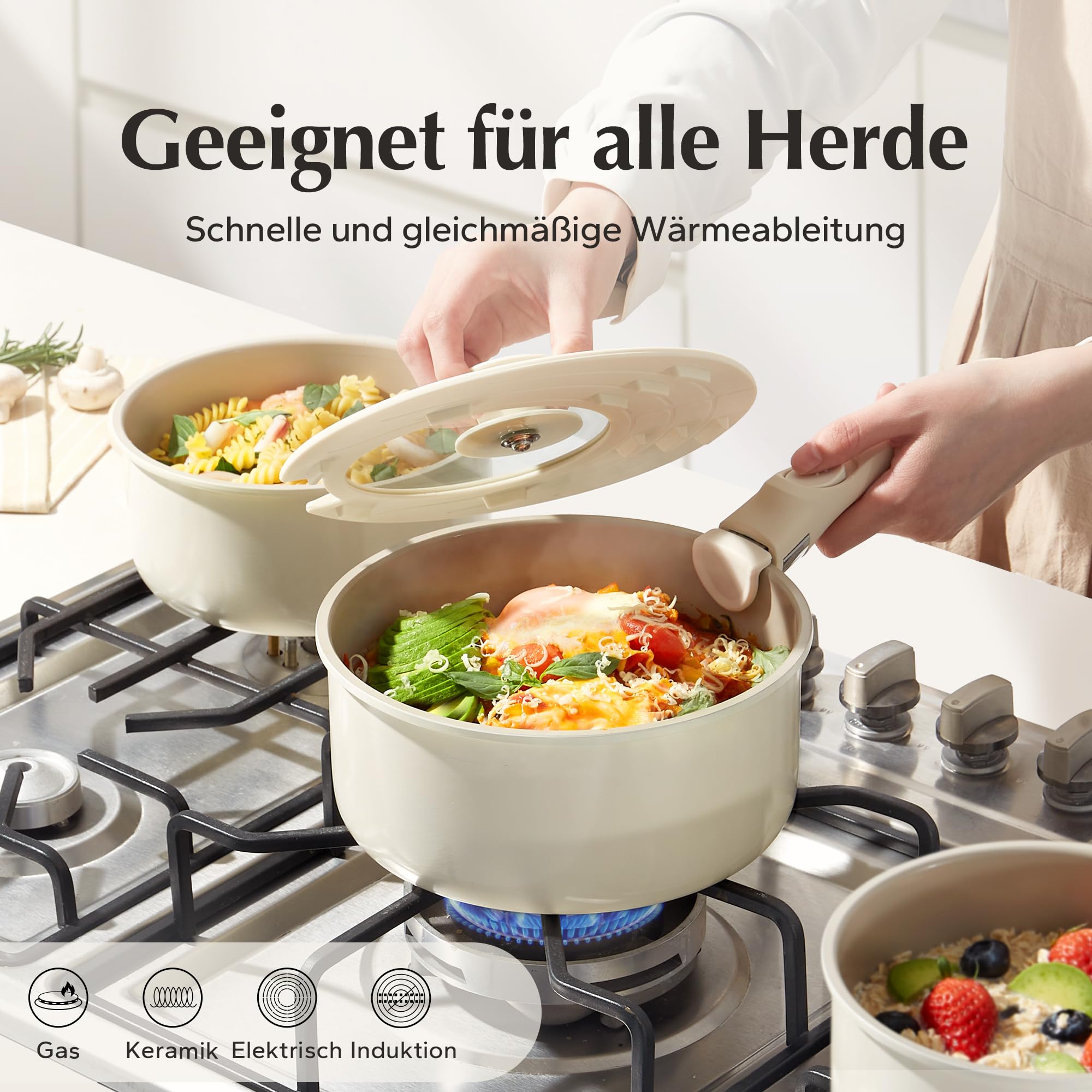 Redchef Set di Pentole Ceramica e Casseruola con manici rimovibili, pentole antiaderenti 16/18/20cm, coperchio ermetico 3-in-1, compatibile con induzione e tutti i piani cottura, resistenti al forno