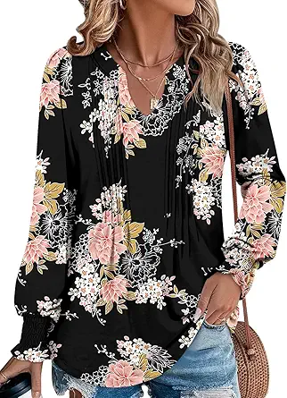 BETTE BOUTIK Long Sleeve Shirts for Women Fall Tops Dressy Blouses Pleated V Neck Tunic Tops for Leggings S-3XL