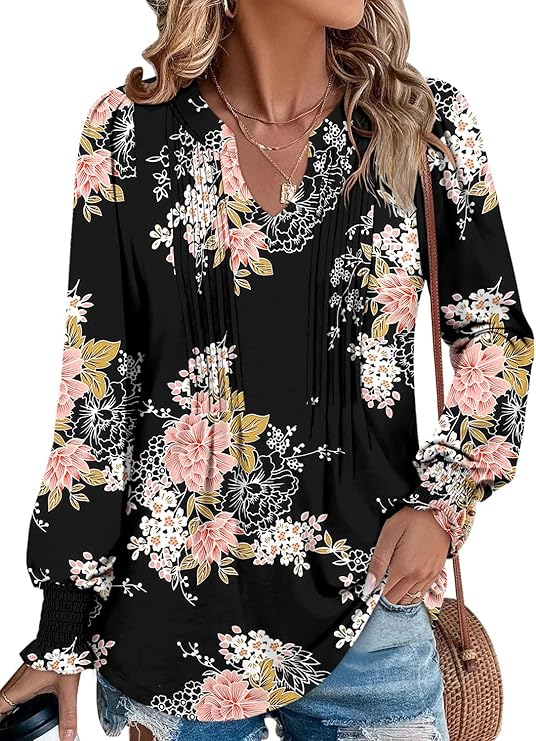 BETTE BOUTIK Long Sleeve Shirts for Women Fall Tops Dressy Blouses Pleated V Neck Tunic Tops for Leggings S-3XL