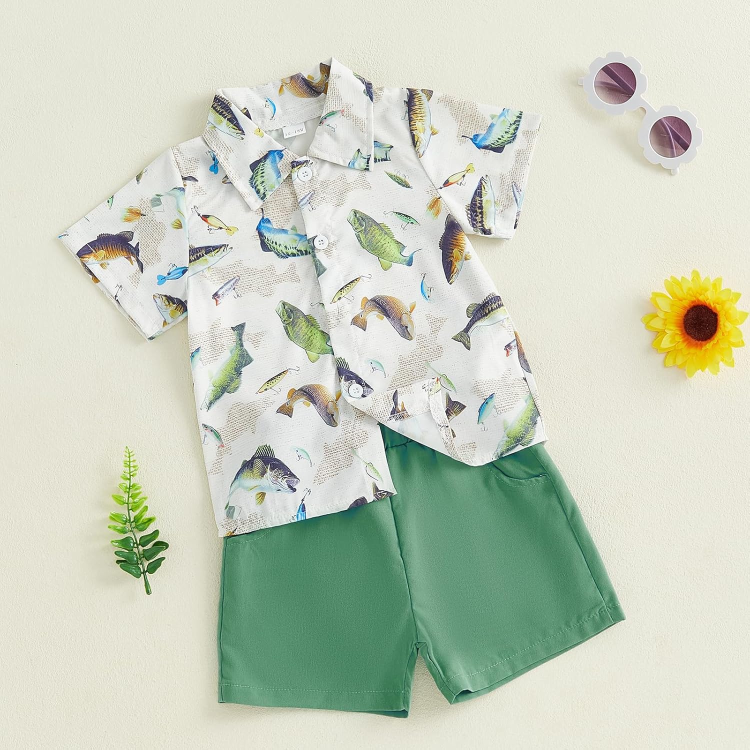 Gaono Toddler Baby Boy Fishing Outfit Fish Print Short Sleeve Button Down Shirt and Shorts Set 2Pcs Summer Clothes - Image 2
