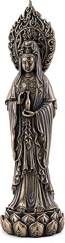 Top Collection Estatua meditadora de Guan Yin de pie sobre pedestal de loto, escultura de la diosa de la misericordia y la compasión de Kwan Yin en