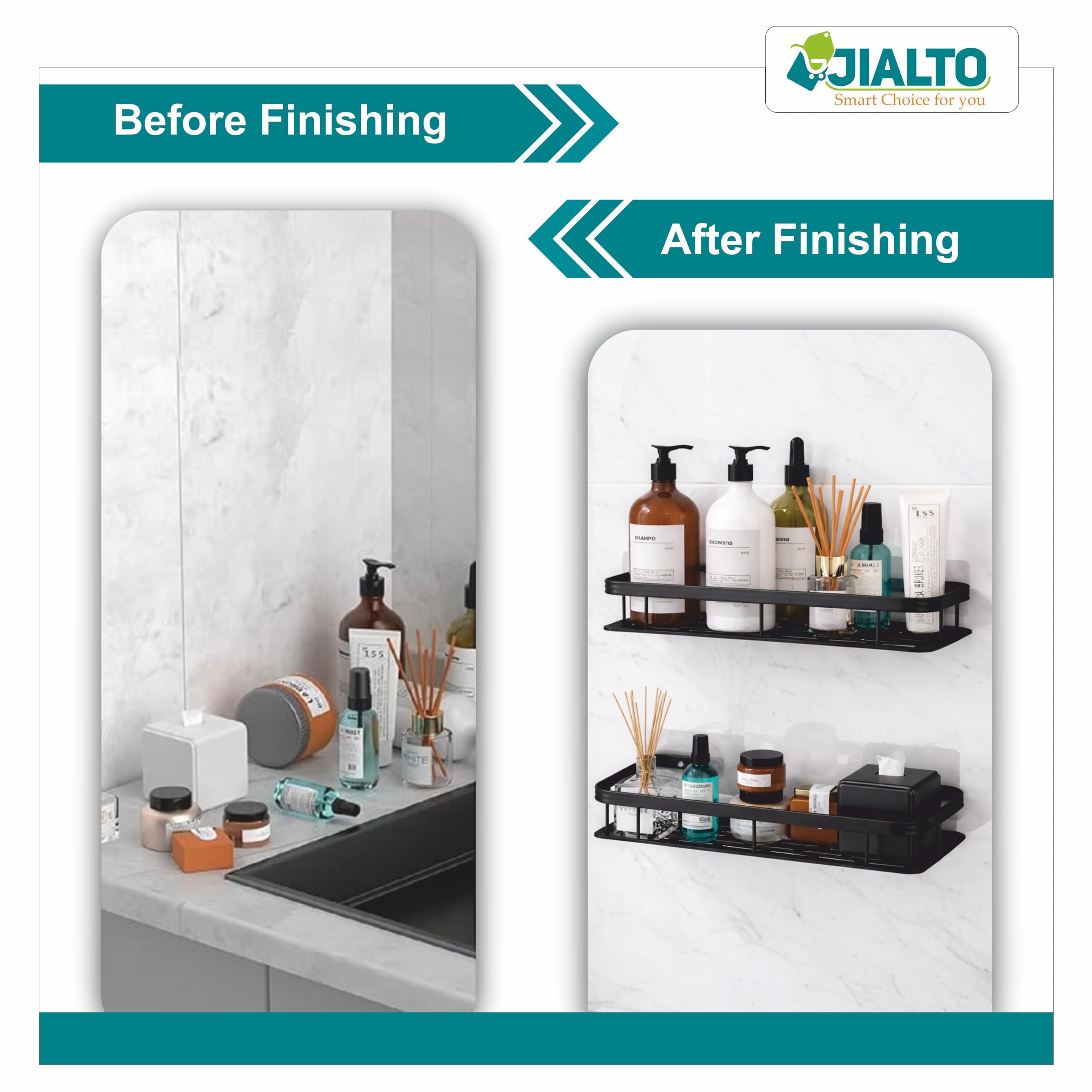 JIALTO 1 Pcs Bathroom Accessories - Multipurpose Aluminium Bathroom Shelf for Wall | Self-Adhesive Wall Mounted Bathroom Organiser Without Drill | 1 Pcs Black Bathroom Shelf | Bathroom Rack (Black) 2