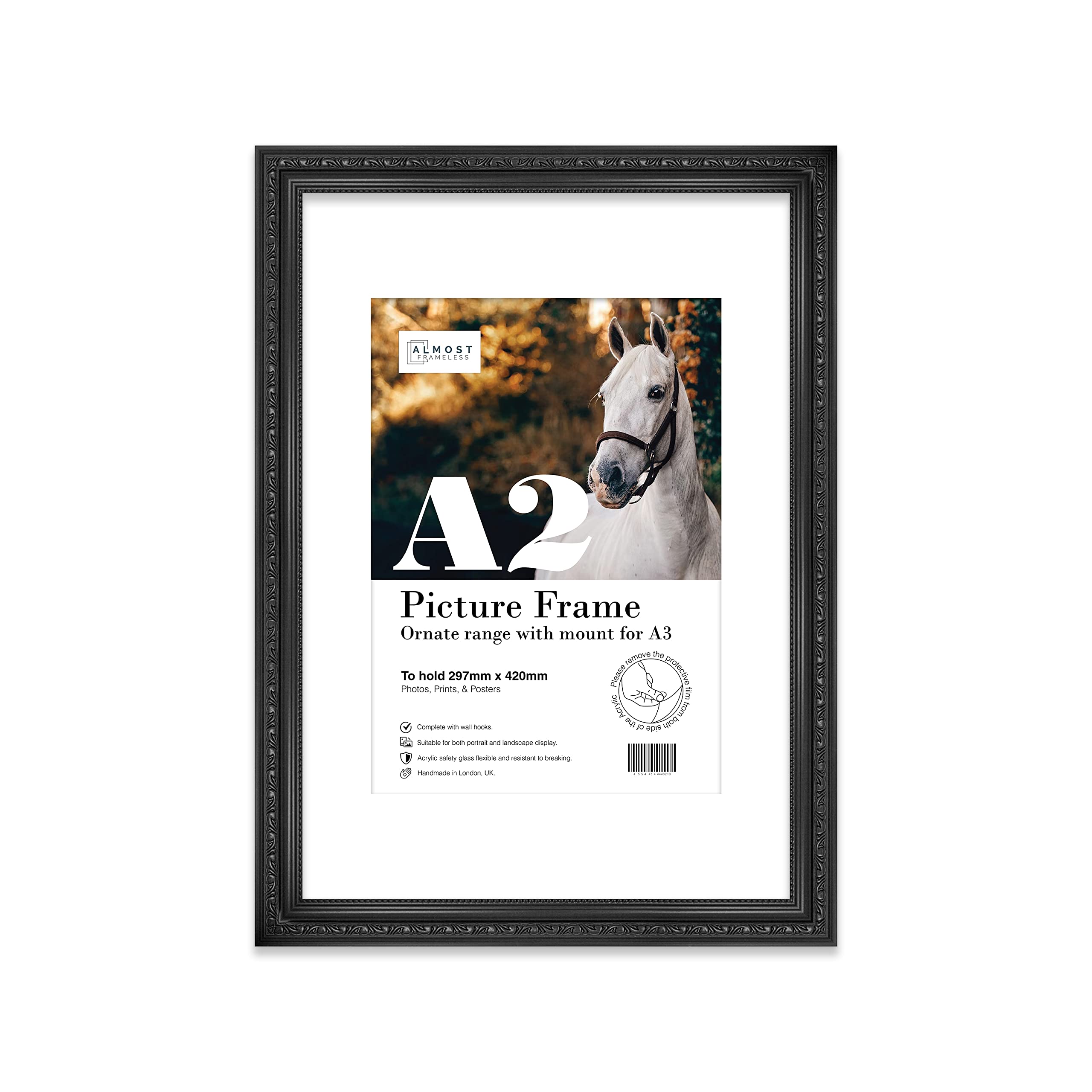 Almost Frameless Black Picture Frame A2 Black Ornate Picture Frame With White Mount For A3 (29.7 X 42Cm - 11.7 X 16.5In) Poster, Photo, Artwork, Or Print. Antique Style Portrait And Landscape Display With Wall Hooks
