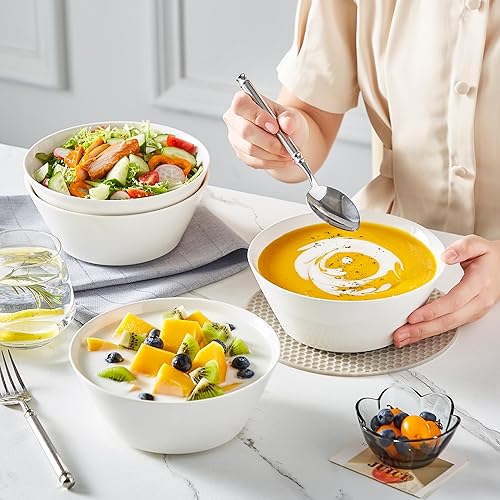 Miniatura 7 de MALACASA Juego de 4 cuencos de sopa de 35 onzas, cuencos de porcelana blanca, cuencos profundos para cocina, cuencos grandes de cerámica para sopa,