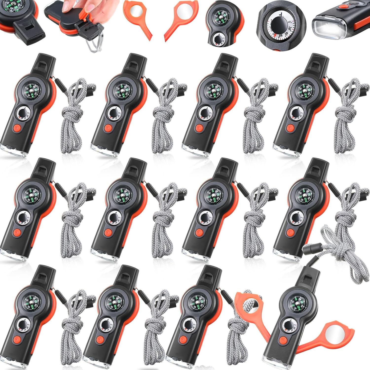 12 Pack Emergency Safety Whistle 7 in 1 Loud Survival Whistle with Lanyard Multifunctional Tool with Compass Thermometer Reflecting Mirror Magnifiers LED Lights for Outdoor Hiking 12 Pack Emergency Safety Whistle 7 in 1 Loud Survival Whistle with Lanyard Multifunctional Tool with Compass Thermometer Reflecting Mirror Magnifiers LED Lights for Outdoor Hiking
