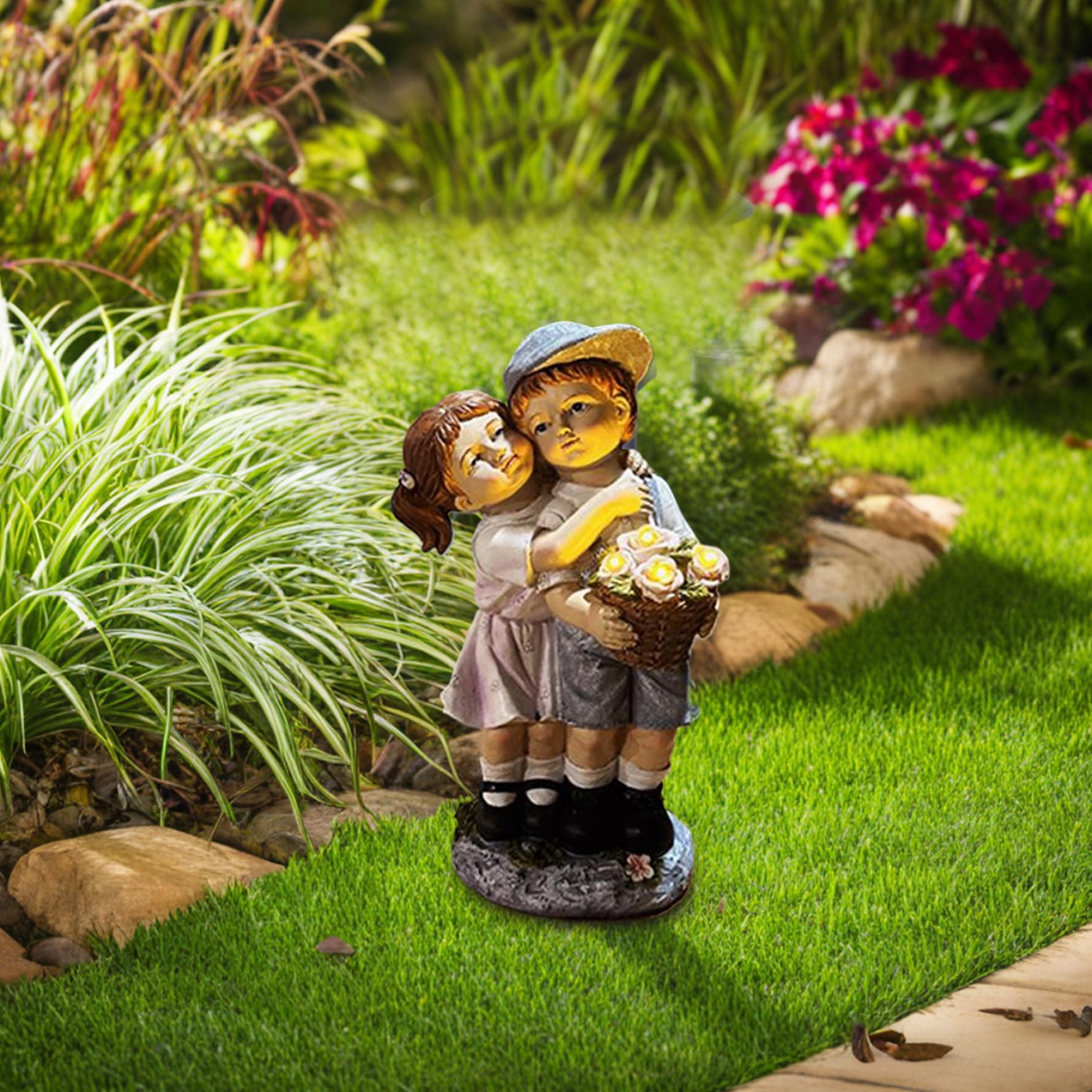 Figuritas Adornos solares de jardín para niños y niñas, estatuas de jardín de Resina Resistentes a la Intemperie, estatuas solares para Exteriores, Patio, balcón