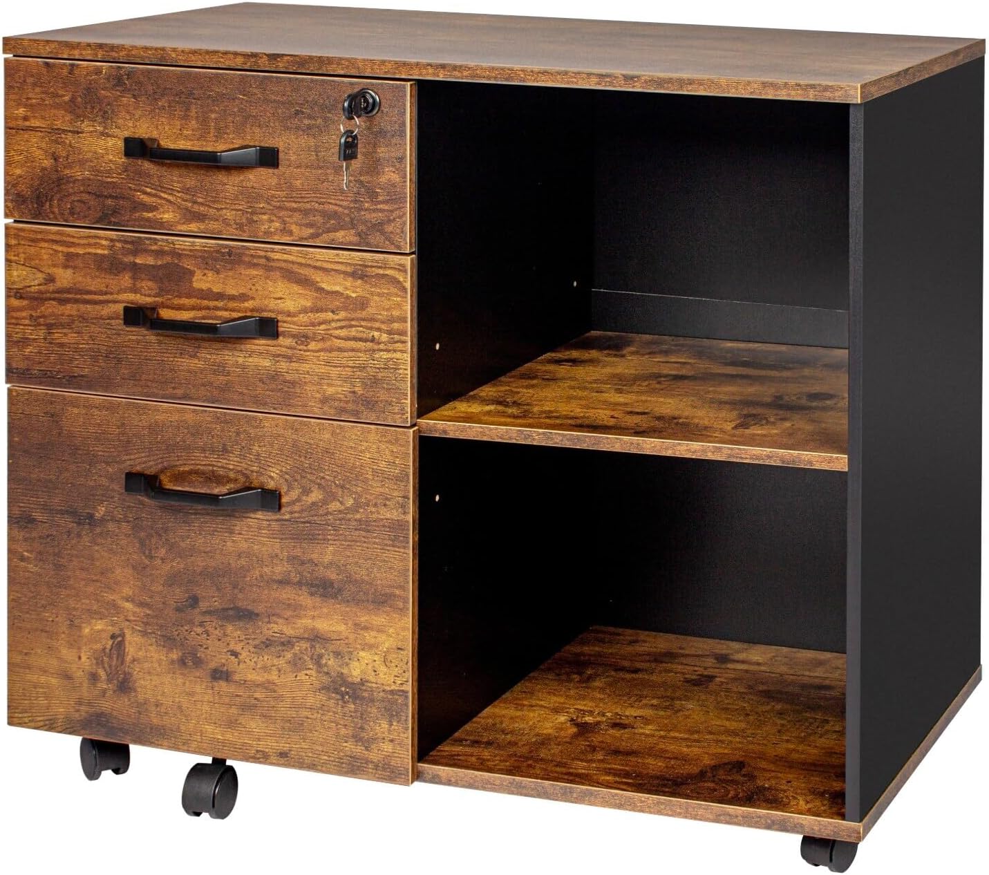 Relaxdays Mobile Filing Cabinet with 3 Drawers, 2 Shelves, Lockable, 4 Wheels, Office Storage, Brown/Black, 66x80x40 cm