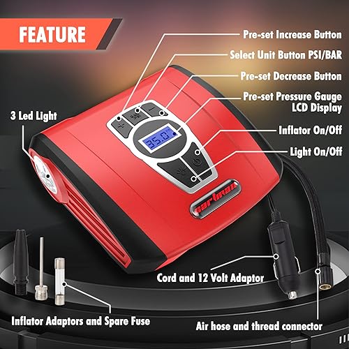 Miniatura 2 de CARTMAN Inflador de neumáticos, compresor de aire portátil, bomba de aire automática para automóvilbicicleta con manómetro digital y luz LED, rojo