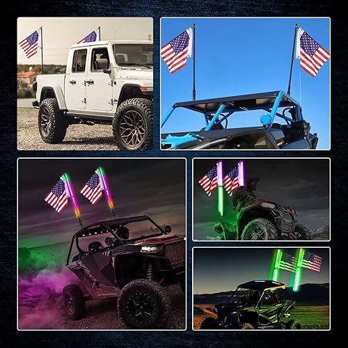 Miniatura 6 de 2 luces LED de 3 pies con bandera ahumada, luz de látigo RGB negra con luz LED con control remoto inalámbrico RF, luz de persecución UTV para ATV