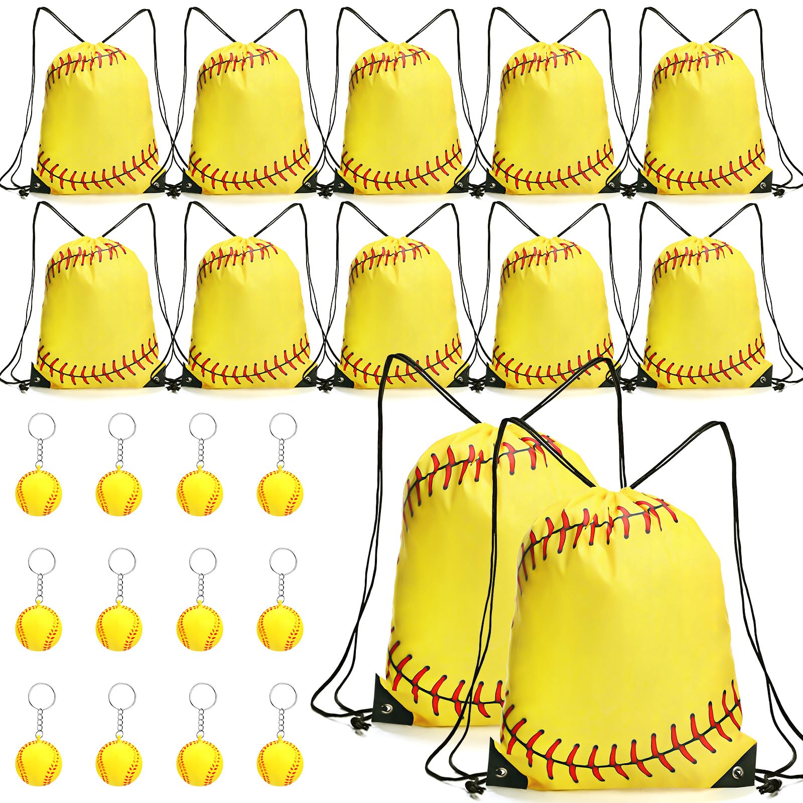 Reginary 24 Pcs Softball Party Favors 12 Softball Drawstring Bags 12 Keychain 17 Inch Inspirational Cinch Backpack Team Gift for Sports Birthday Party