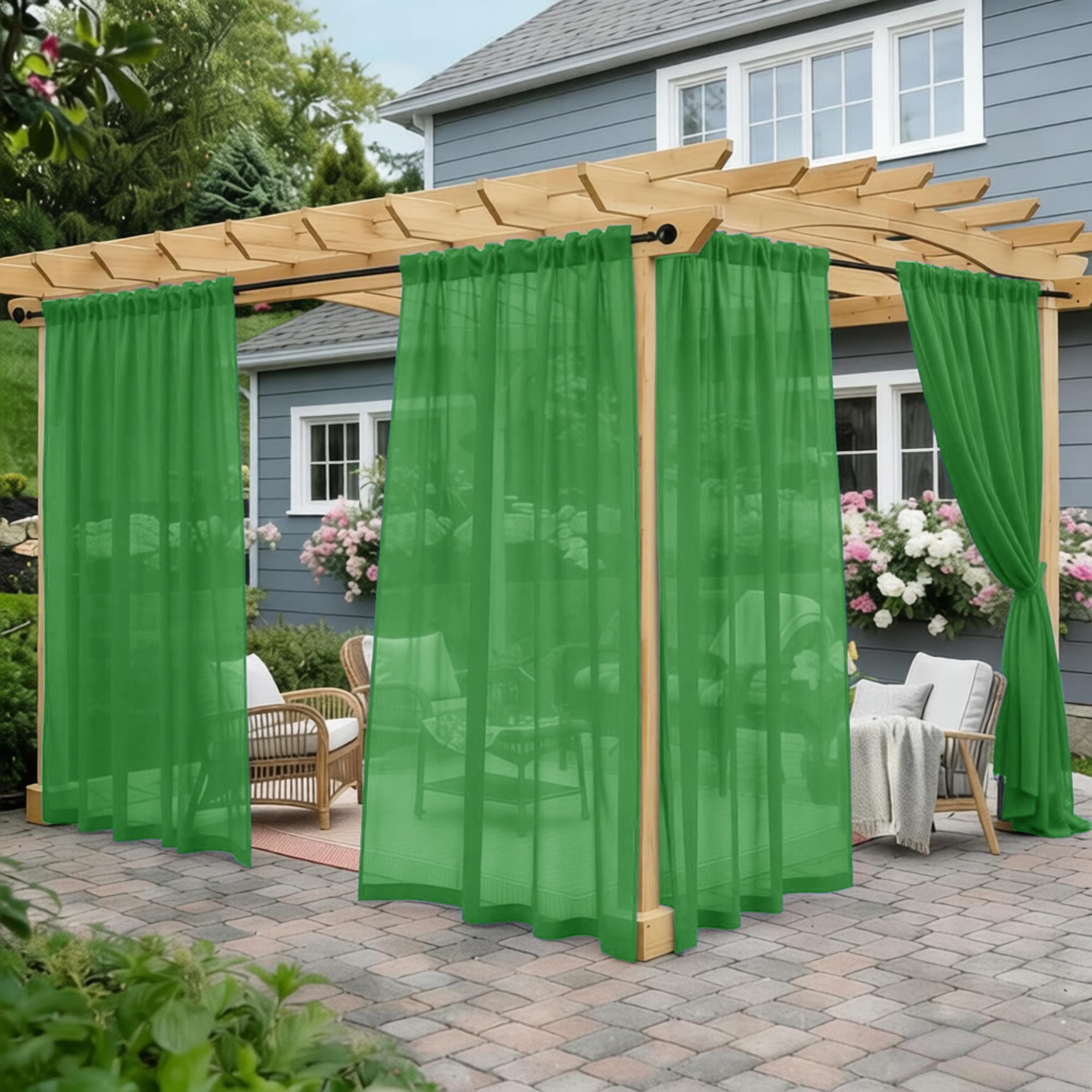Awnmeow Outdoor Sheer Curtains for Patio Waterproof, 4 Panels Rod Pocket Indoor/Outdoor Voile Green Sheer Curtain for Pergola, Porch, Cabana and Gazebo, Green 52 x 84 Inch