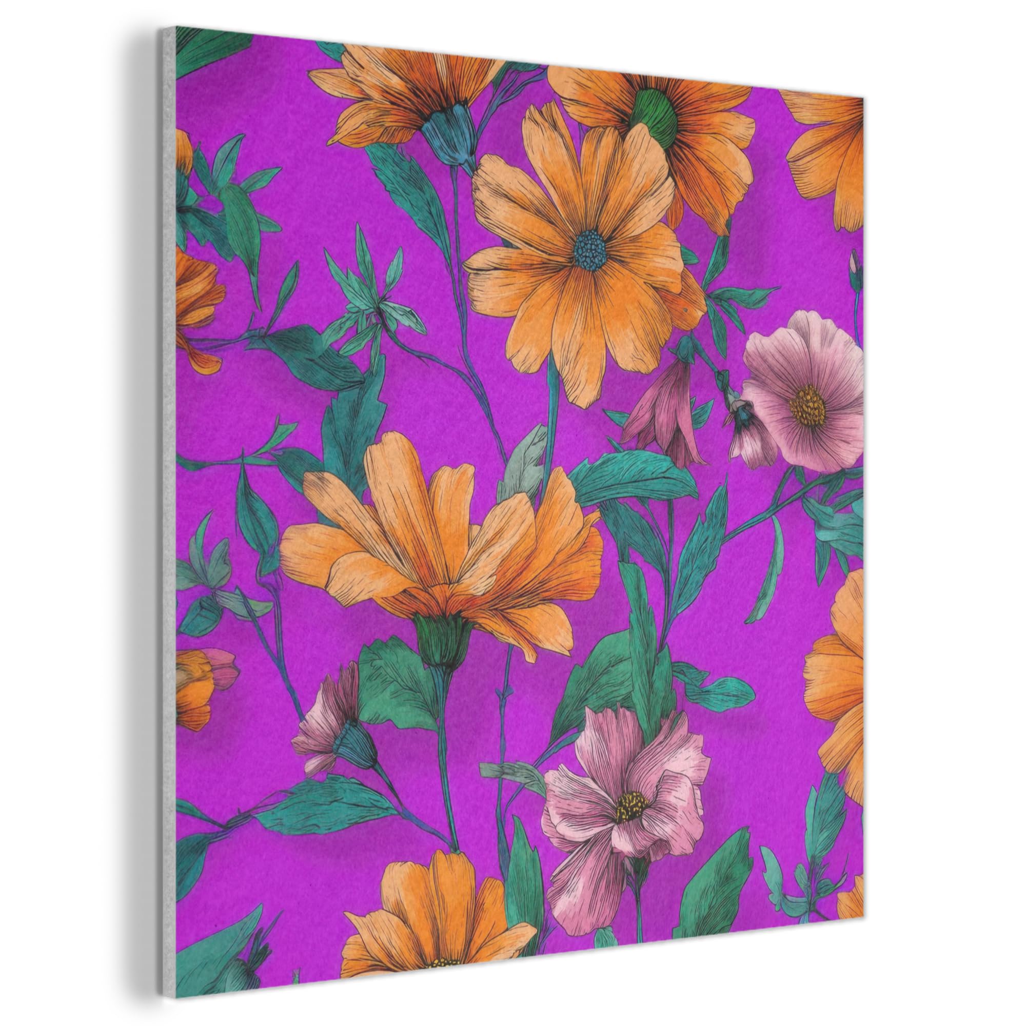 MuchoWow© Felt Panel 90x90 cm Framed Design Print Accent Interior Wallart Decoration Wall Art Flowers - Orange - Pink