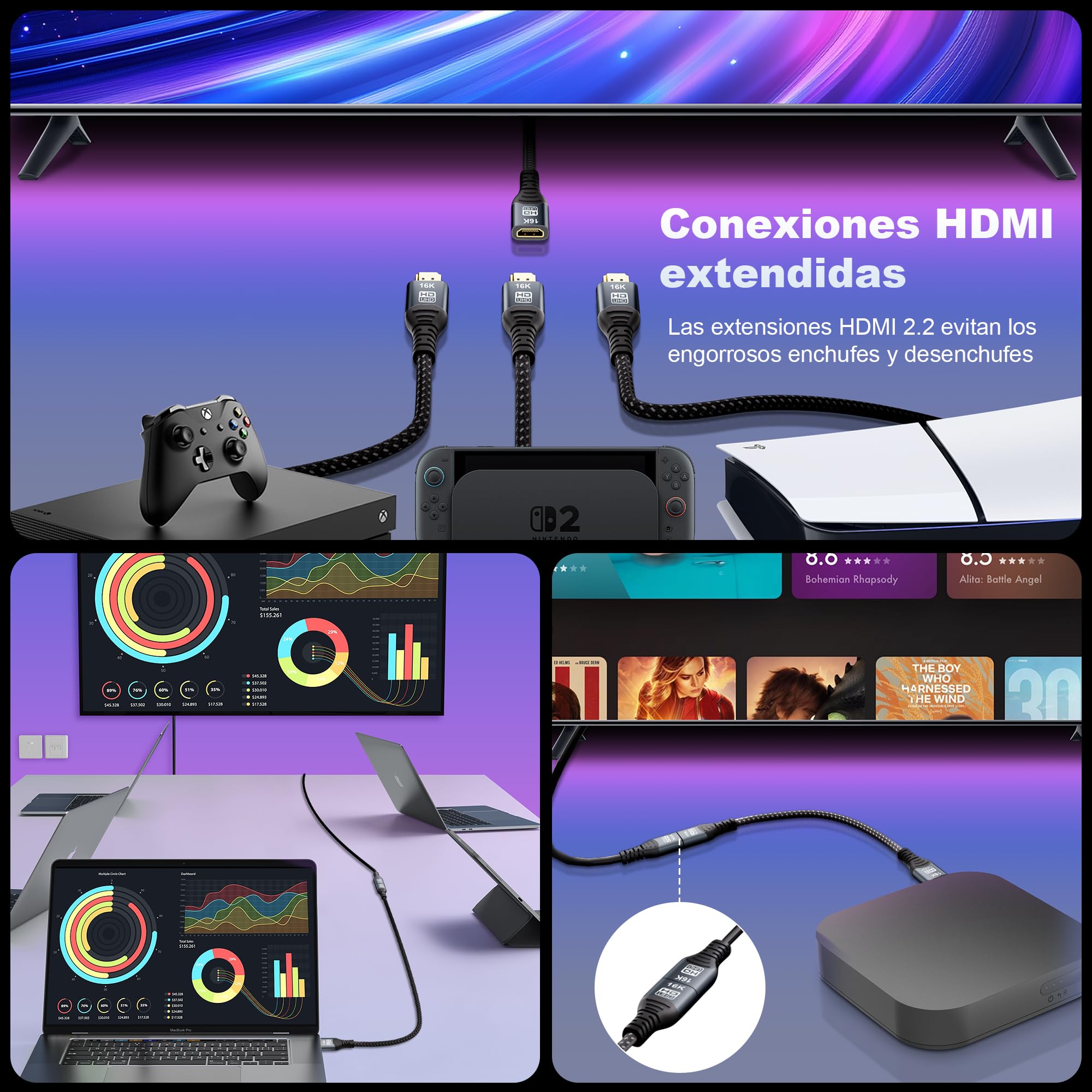 CAKOBLE Cable Prolongador HDMI 2m,[2 Pack,2m] Extensión HDMI 2.2 96Gbps Ultra High Speed 16K@60Hz, 8K 4K@480Hz HDR, HDMI 2.1,eARC, HDR10+, Dolby, HDCP 2.3, Macho Hembra para TV PS5 Xbox Monitor