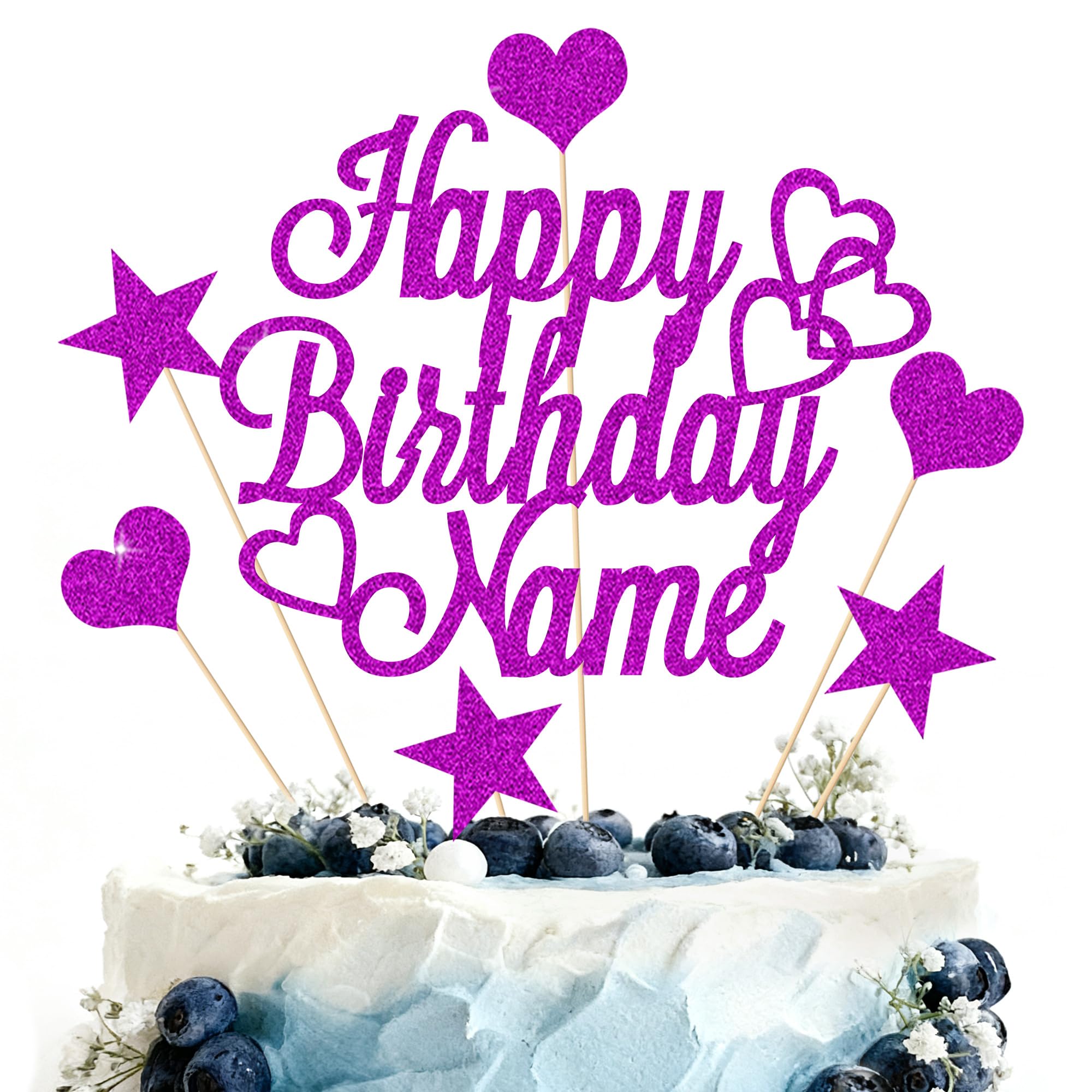 Personalised Happy Birthday Cake Topper | Customized Name Cake Decoration | Double Sided Glitter Card | Purple