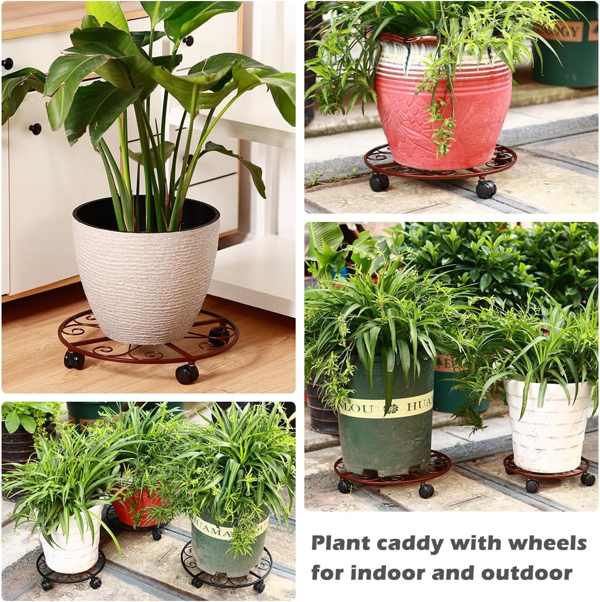 5 Pack Plant Caddy with Wheels Heavy Duty 12 Inches Metal Plant Stand with Wheels Plant dolly Rolling Plant Stand Plant Roller with Casters for Indoor and Outdoor with Plant Saucers, Bronze