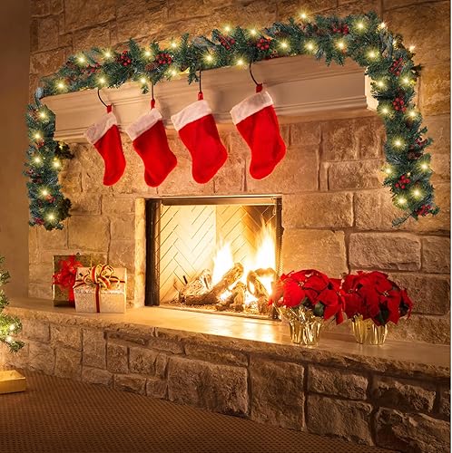 Miniatura 4 de Baquler Guirnalda de Navidad preiluminada con luces para manto, paquete de 3 guirnaldas artificiales iluminadas de 6 pies de color verde para