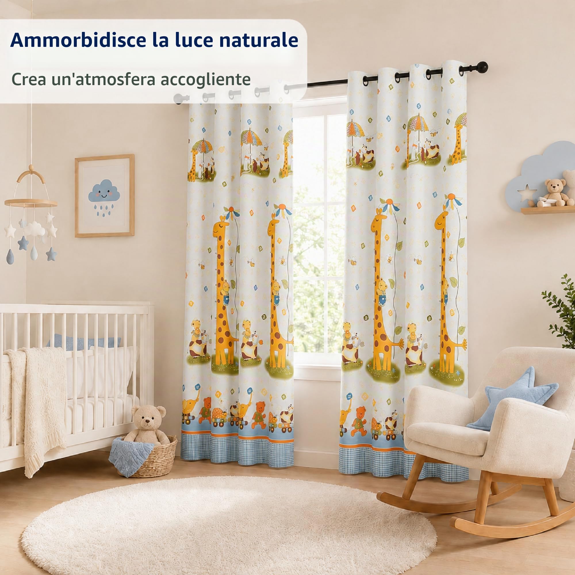 VKZ Set 2 Tende per Cameretta Bambini con Occhielli, Pannelli Tenda Filtranti per Camera da Letto Bambini e Finestra, Fantasia Giraffa Animali Trenino