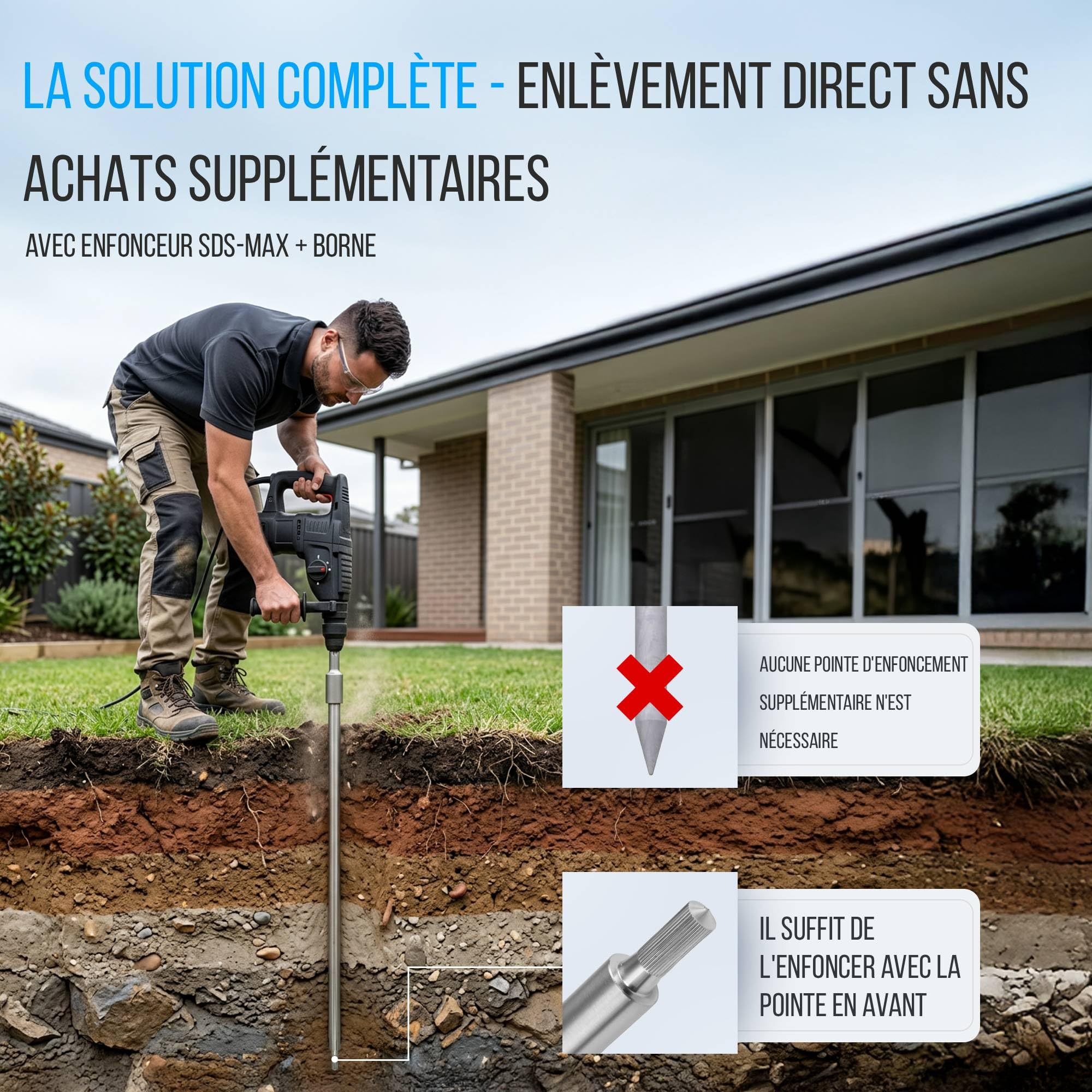 GRAFT kit d'électrodes de terre en V4A | perches 4x 1 m | Ø 20 mm | Avec enfonceur SDS-Max + borne | Syst. PV paratonnerre | Mise à la terre | Mise à la terre individuelle | Piquet