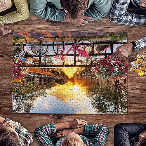 Miniatura 5 de Rompecabezas para adultos, 500 piezas, flores primaverales, tranquilo, río, amanecer, pintoresco Ámsterdam con bicicletas, paisaje, 500 piezas, arte