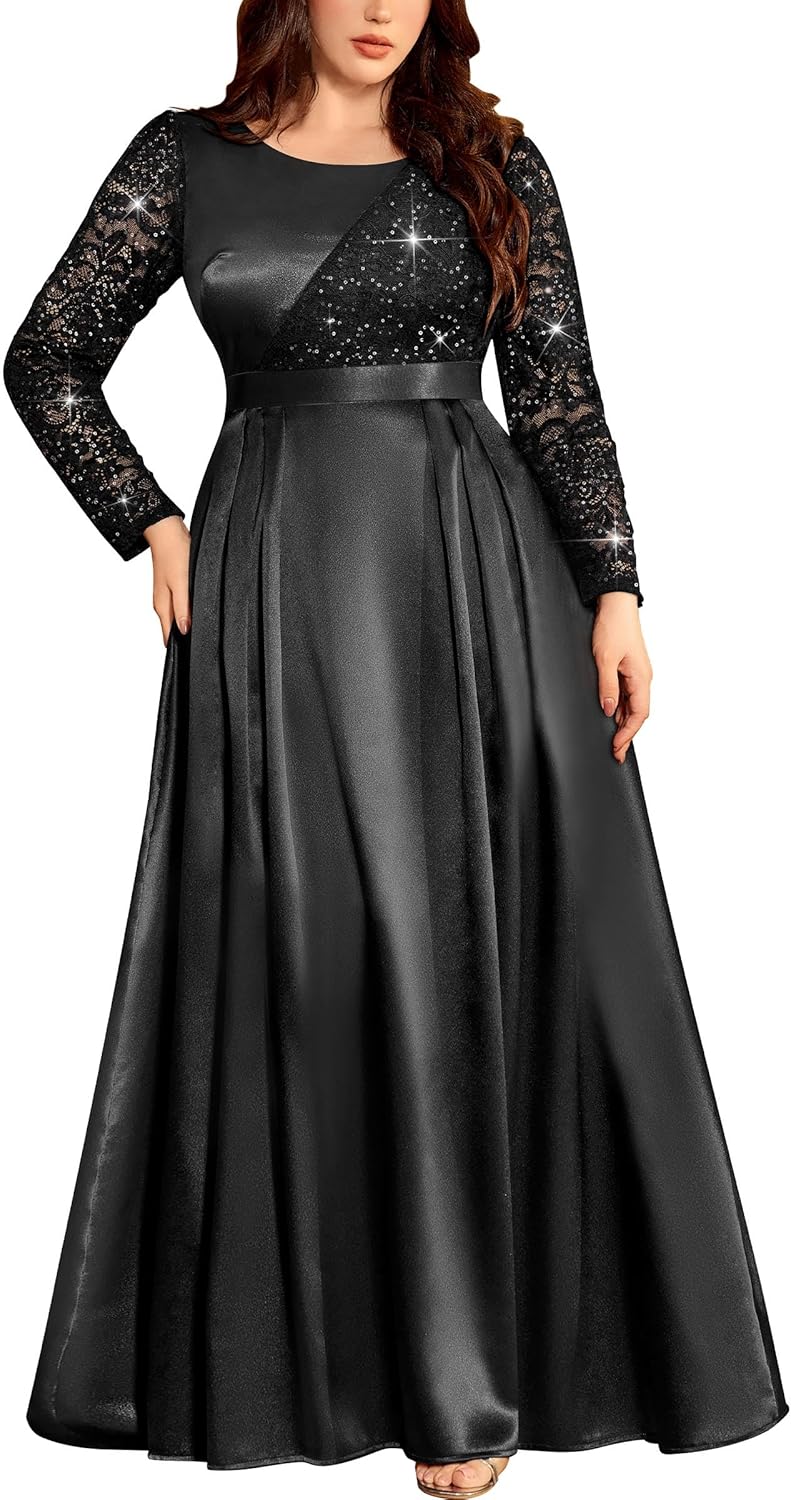MISSMAY Women's Plus Sequin Lace with Satin Long Sleeves Formal Evening Prom Dresses