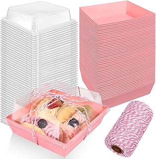STRAYJO 50 Pack Paper Charcuterie Boxes with Clear Lids,4.3" Pink Square Disposable Food Containers Bakery Boxes,Oil-Proof Kraft Paper Dessert Boxes,Disposable Sandwich Boxes for Bakery,Cake(Pink)