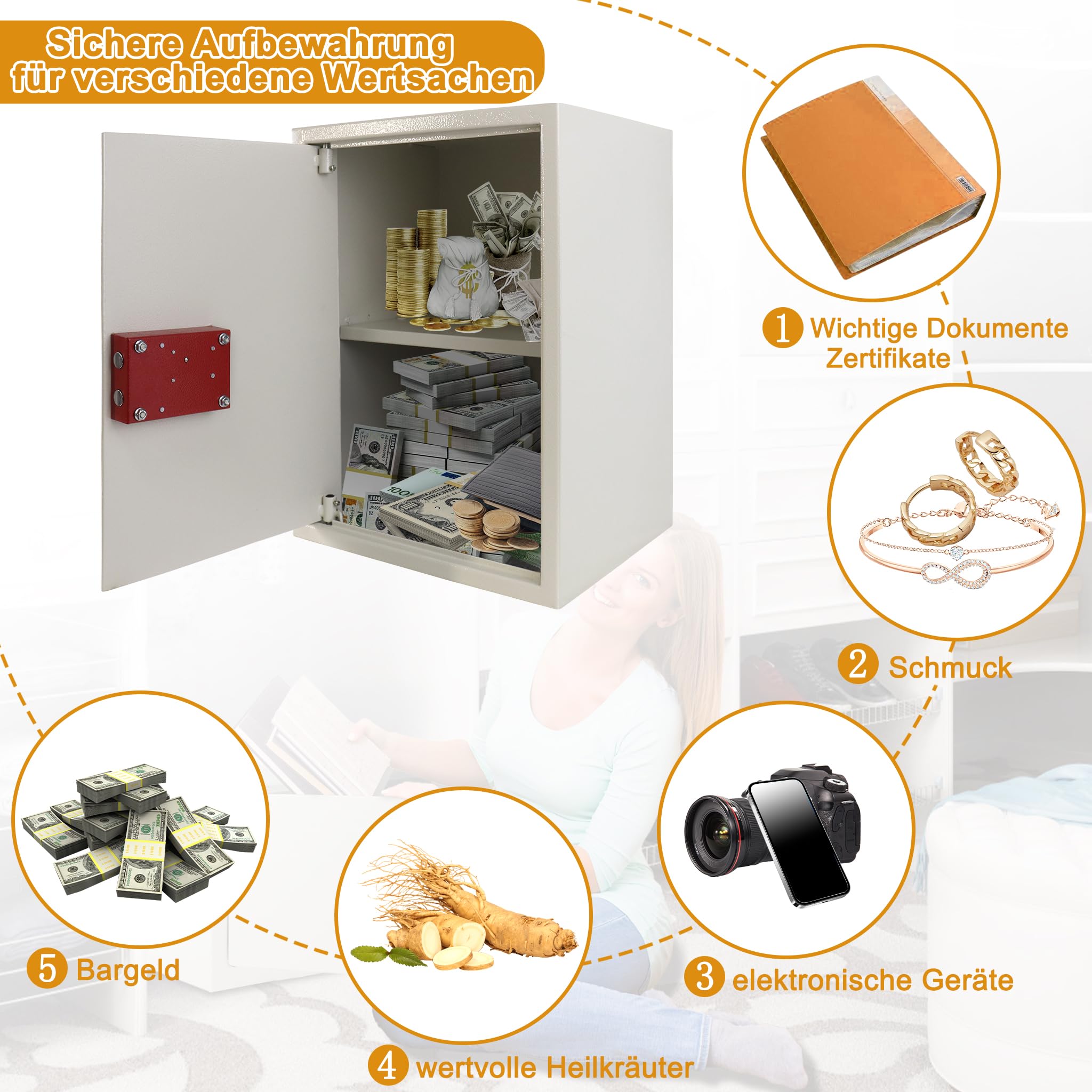 Tresor Safe Caja fuerte para muebles, ignífuga e impermeable (35 x 31 x 50 cm – XL) con 2 llaves, caja fuerte para dinero en efectivo, joyas, medicamentos, muebles, como caja fuerte de pared