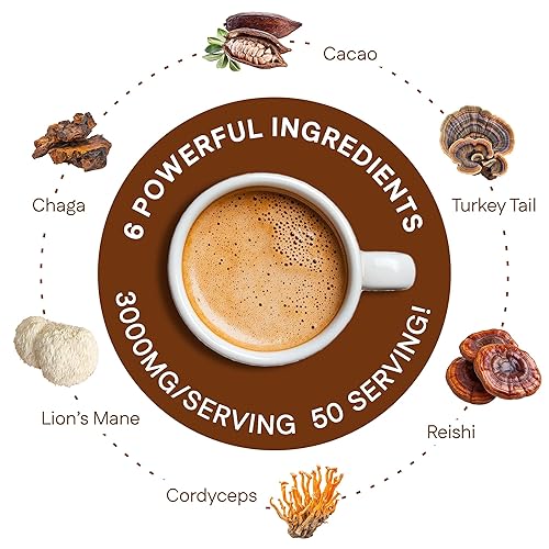 Miniatura 5 de MegaPlants Cacao Magic (50 porciones) | Mezcla de 5 hongos Superfood | Melena de león, Reishi, Chaga, Cordyceps, cola de pavo | Batido, chocolate