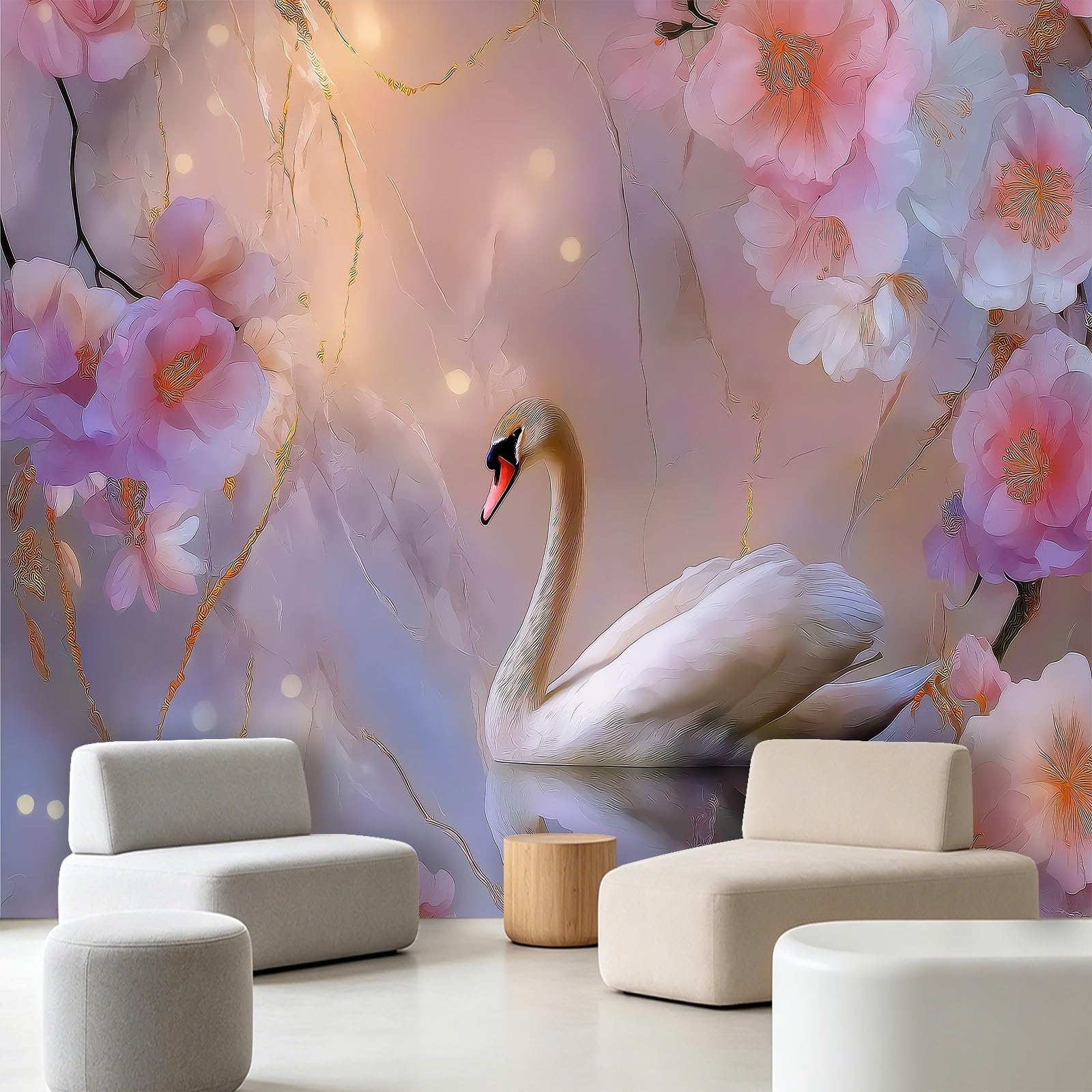 Papier peint panoramique 350x256cm cerisier et cygne pour salon