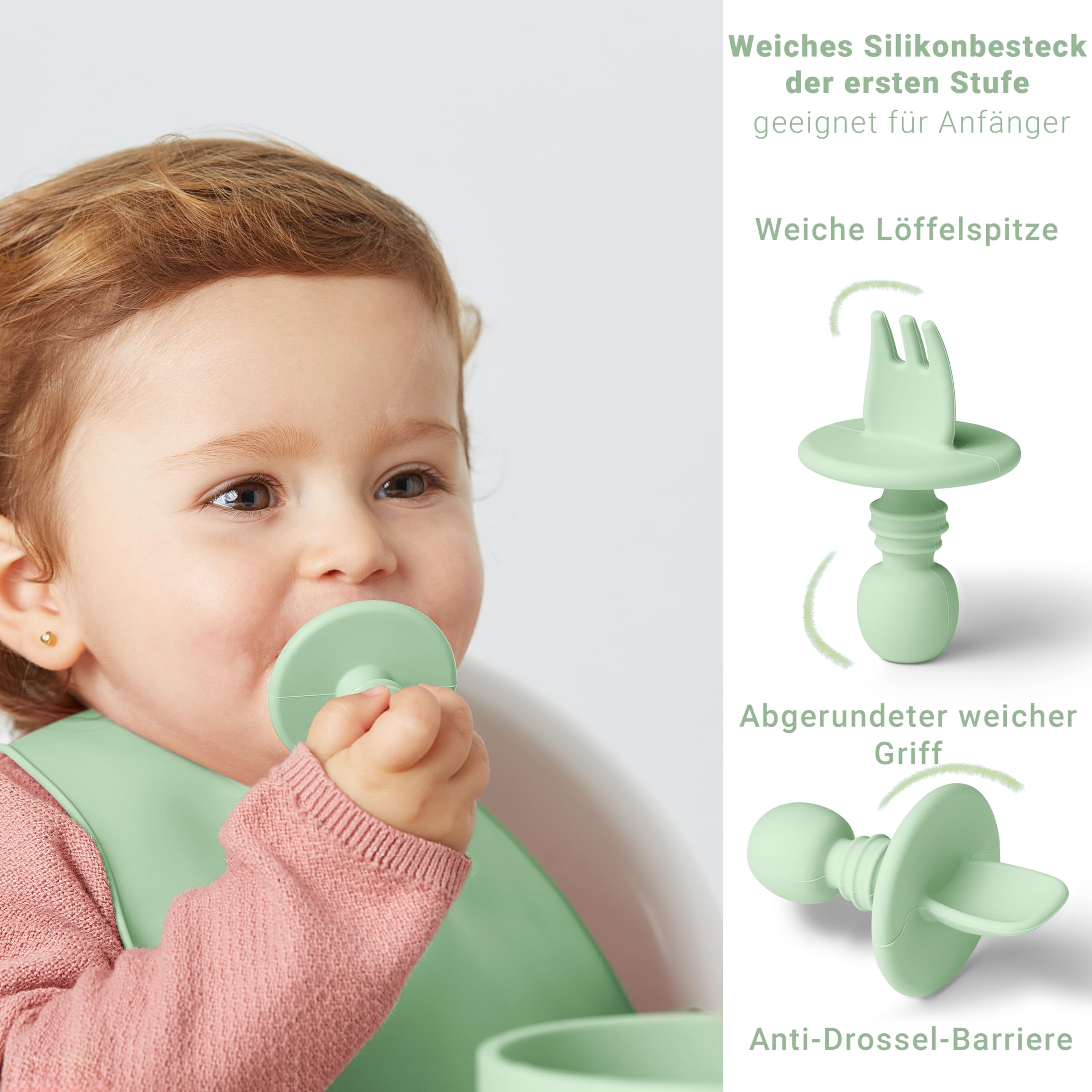 Navik | Baby Geschirrset 12 Stücke | Silikon babyteller | trinkbecher kinder mit griffen | lernlöffel und schüssel | ab 6 monate | grün