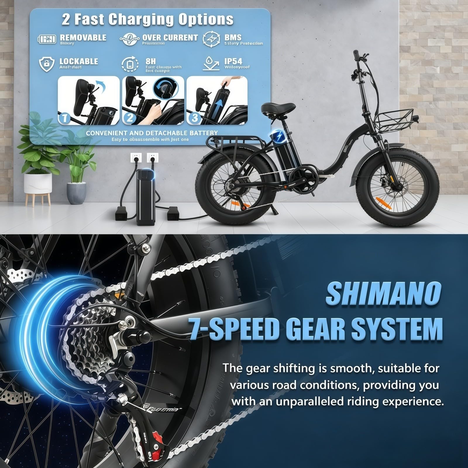Vélo Électrique Pliant 20 Pouces, VTT Électrique, avec Batterie Amovible 48 V, 7 Vitesses, 3 Modes De Conduite, Moteur sans Balais 250 W, pour Les Trajets Quotidiens.