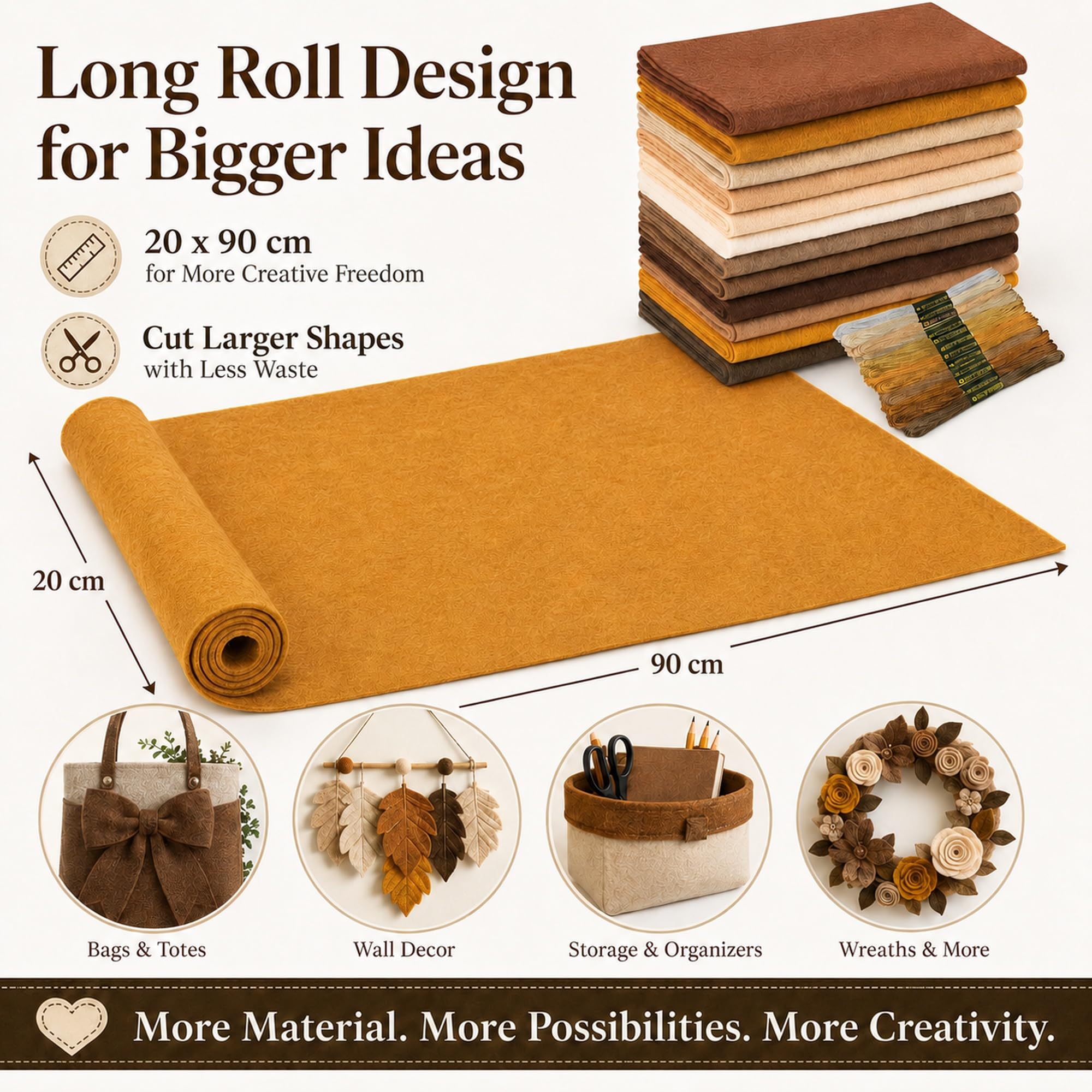 12 rotoli di feltro per bricolage, 20 x 90 cm, 1 mm di spessore, tessuto di feltro morbido per progetti fai da te, per patchwork, cucito, decorazione, progetti scolastici, artigianato (marrone)