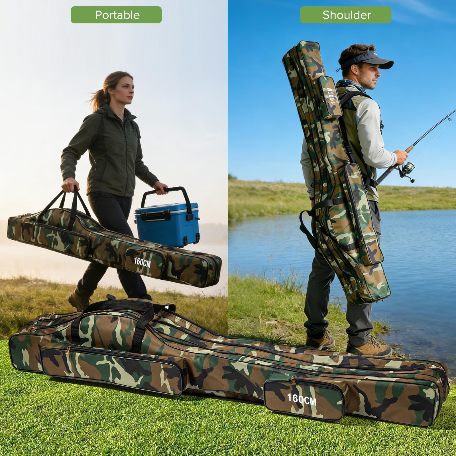 Housse de canne à pêche pliable et portable, housse à 3 couches de 160cm avec organiseur de moulinets et multiples compartiments, housses de canne à pêche étanche rangement cadeau idéals pour pêcheurs
