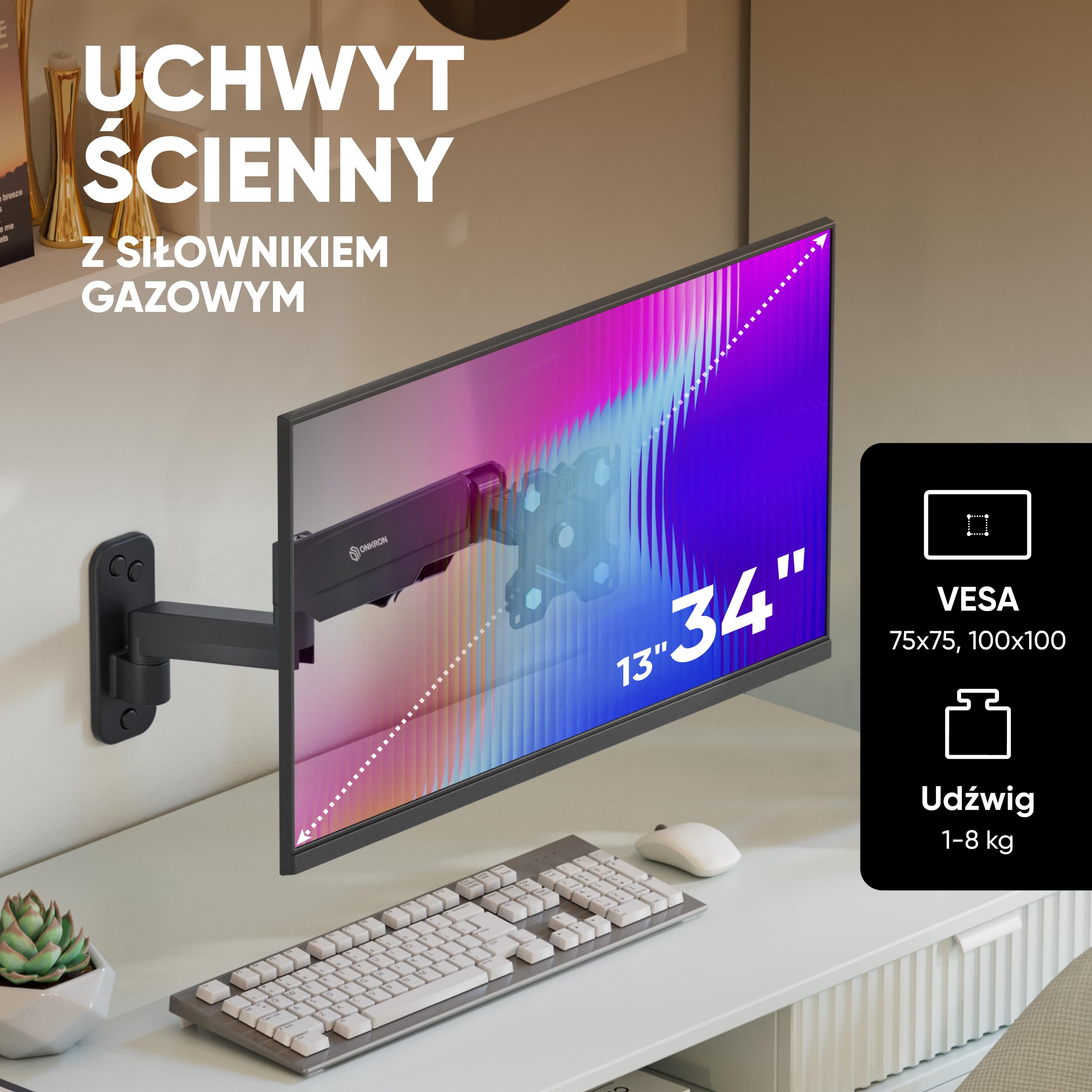 ONKRON Uchwyt monitora i telewizora ściennego (obrotowy, przechylany, rozszerzalny) Ramię monitora ściennego do ekranów 13-32 cali z wiosną gazową VESA 75 x 75-100 x 100 mm i waga maks. 8 kg - G150