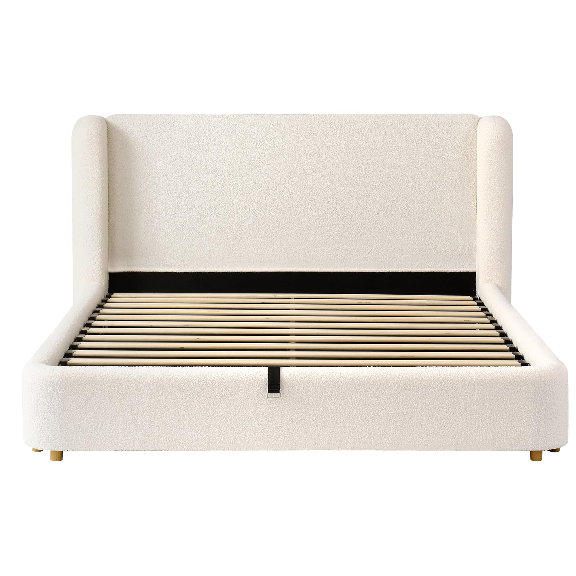 Cama Canapé 160x200 Tapizado Bouclé Cama Tapizada con Cabecero Acolchado Double Bed con Elevación Hidráulica con Somier de Lamas con Almacenamiento Integrado para Apartamento Beige