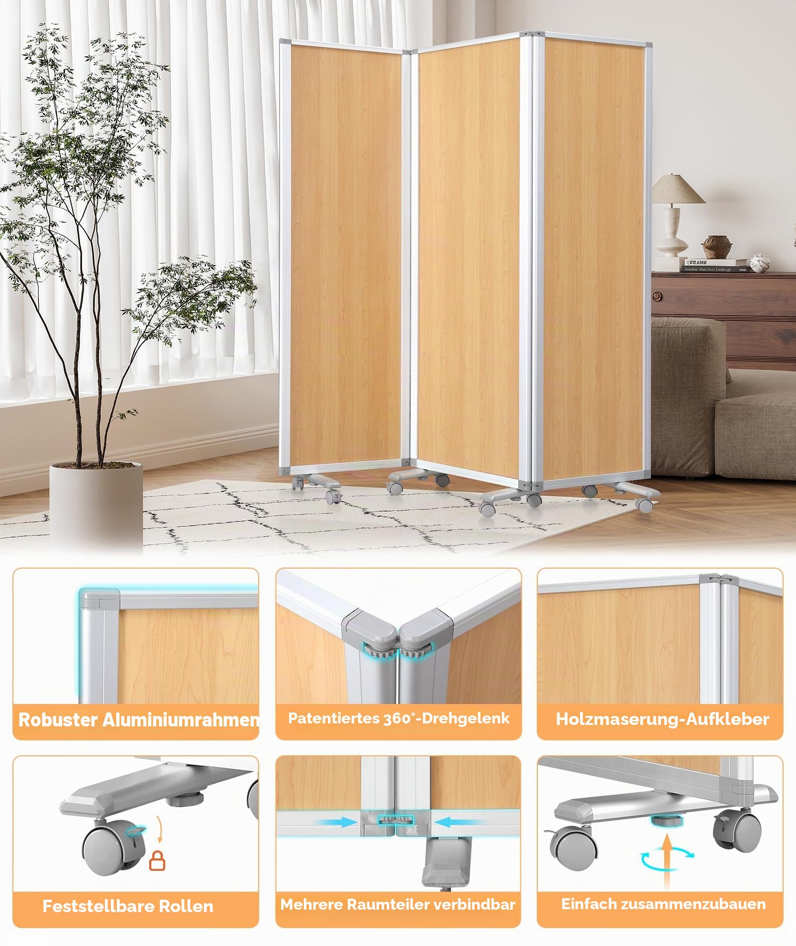 SWANCROWN Mobile Stellwand 180 x 180 cm, Pinnwand mit Rollen | 3-Teilig, Doppelseitig Nutzbar, auf 60 cm Zusammenklappbar, Stabiler Aluminiumrahmen, Präsentationswand Mobil für Büro