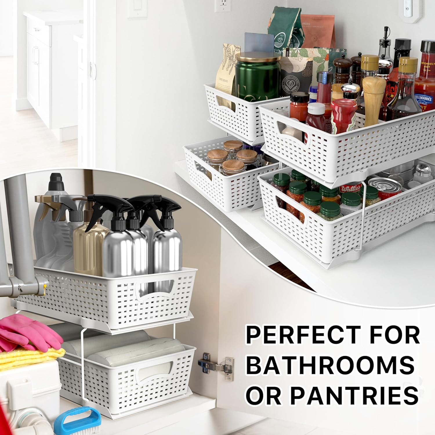 Simple Houseware 2 Tier Bathroom Organizer Tray Pull-Out Sliding Drawer, Under Sink Storage, White - Image 8