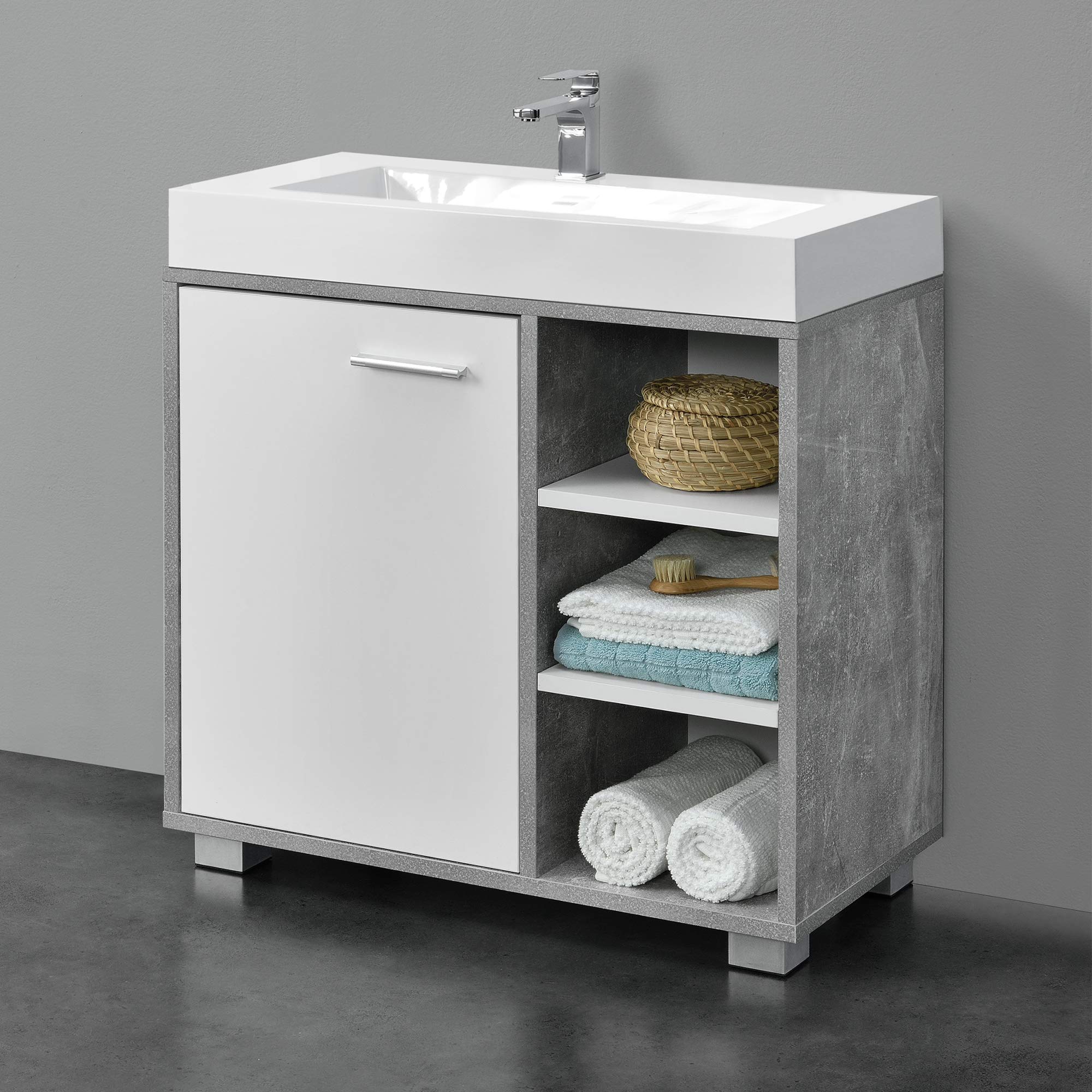 [en.casa] Mobile Sottolavabo da Terra Armadietto ad Anta e 3 Ripiani Regolabili in Altezza Mobiletto da Bagno Sotto Lavandino Ritaglio Sifone 56x60x31 cm - Effetto Cemento/Bianco