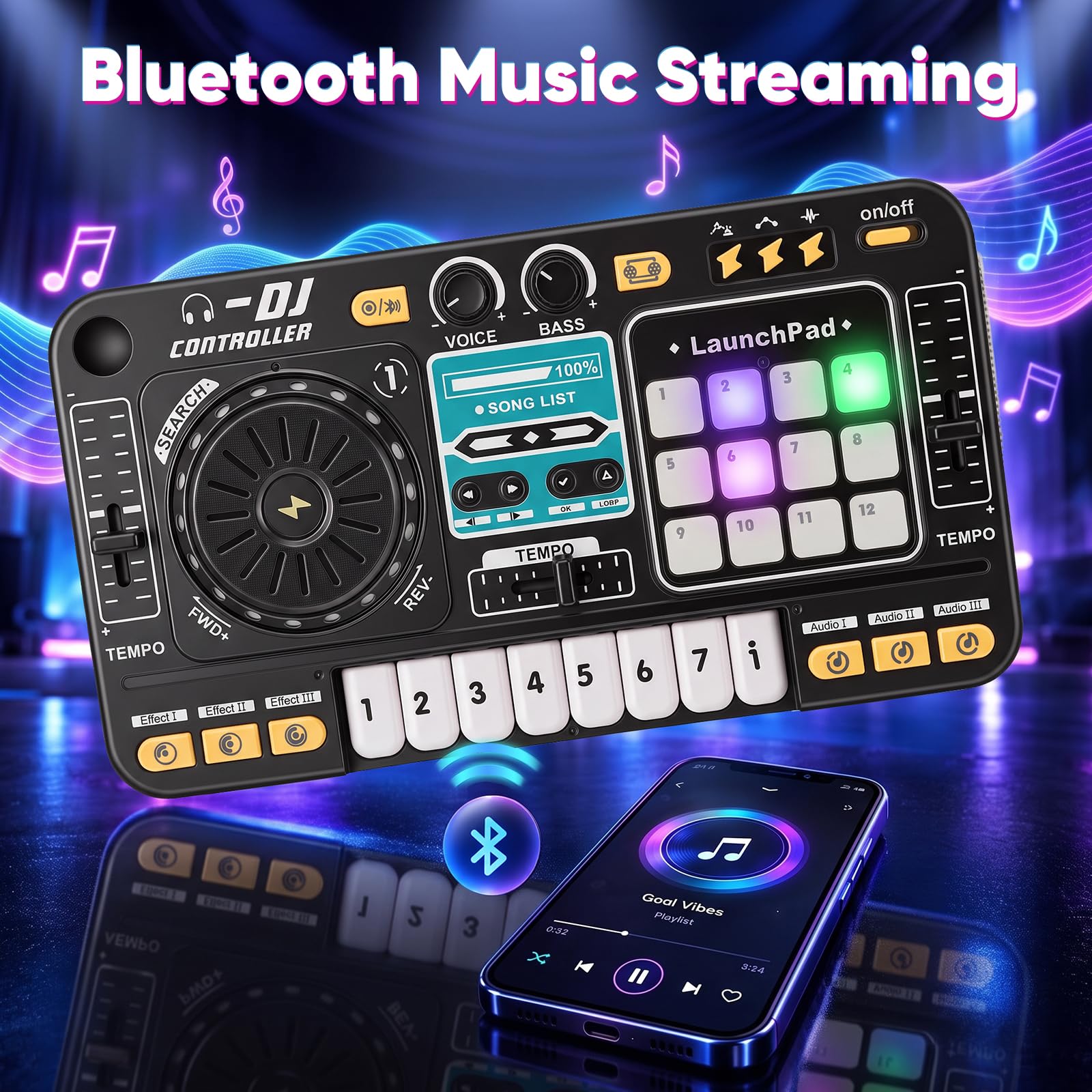 DJ Mischpult DJ Pult für Kinder 3-9 Jahre, DJ Controller DJ Mixer Musikinstrumente mit Mikrofon 100+ Soundeffekten Licht Akku, Geschenk für Jungen Mädchen 3-9 Jahre
