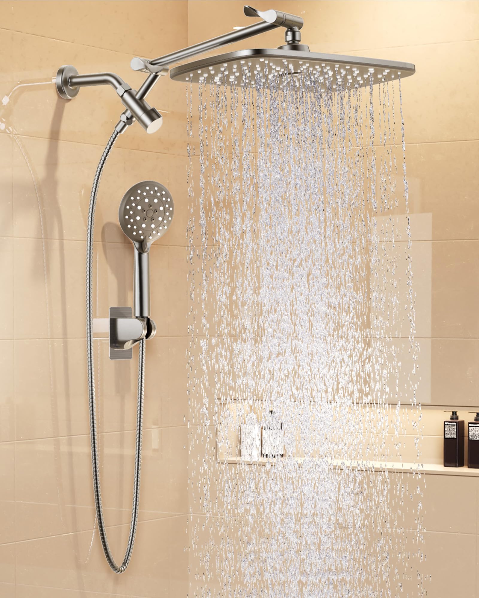 Veken 11.8" Rain Shower Head with Handheld, High Pressure Handheld Shower Heads with Multi Spray Modes,Rainfall Combo with 15" Metal Extension Arm,Detachable Dual Shower,Long 6 ft. Hose,Brushed Nickel