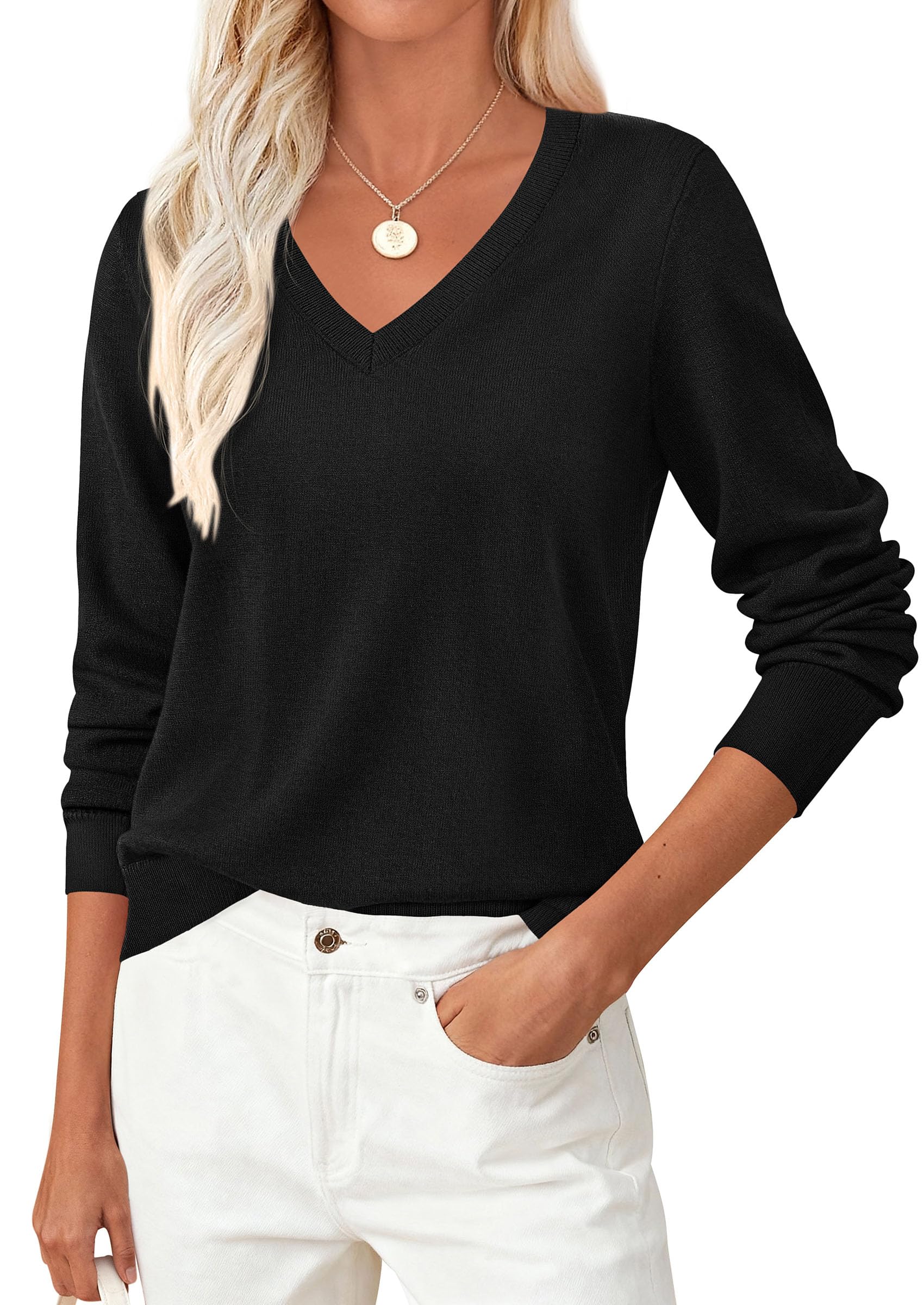 PRETTYGARDEN Womens V Neck Sweaters 2026 Fall Casual Long Sleeve Classic Pullover Cozy Knit Tops Loose Basic Winter