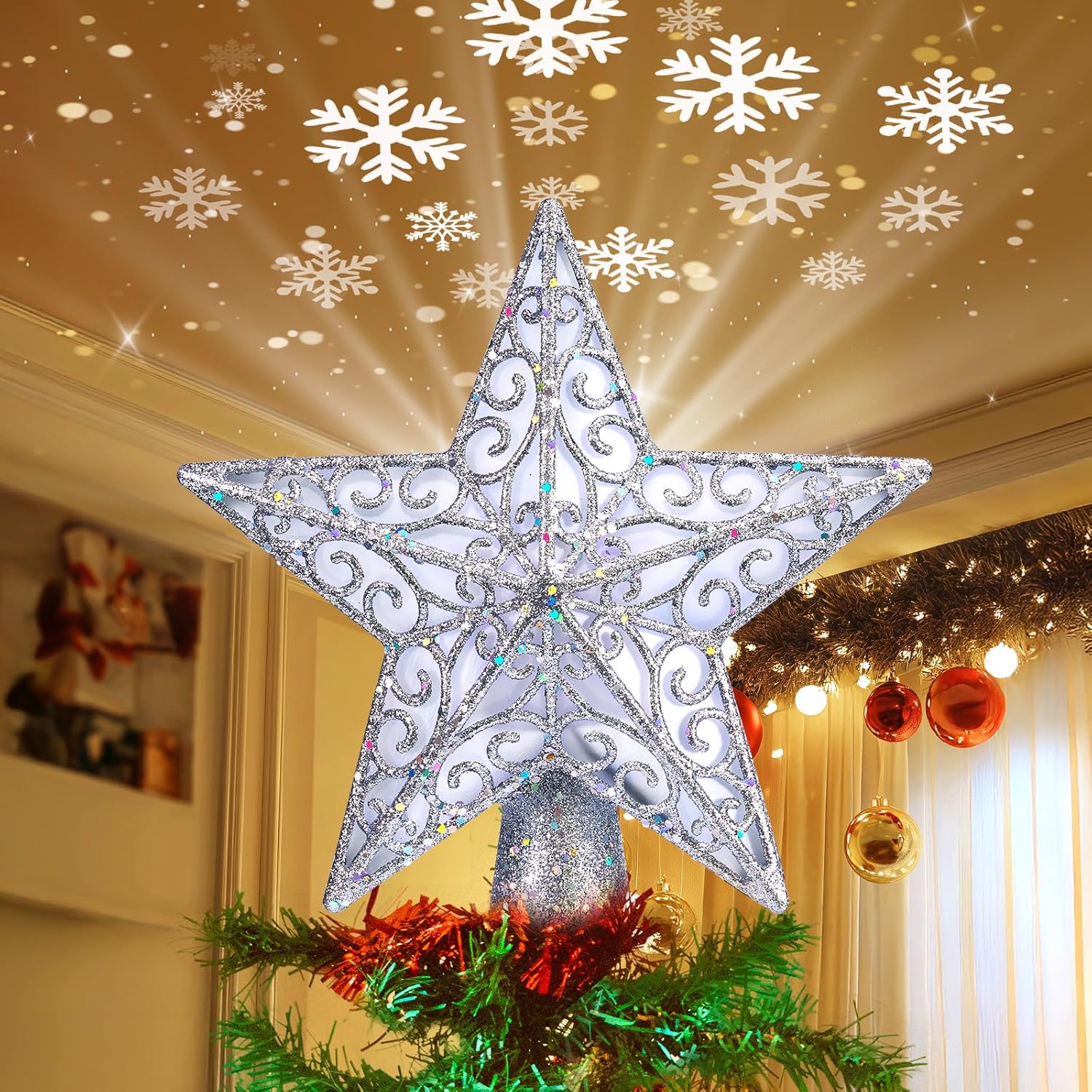 Brightown Christmas Star Tree Topper with Built-in 3D Glitter Led Snowflake Projector Lights, Silver Hollowed Pentagram Tree Toppers Christmas Decorations Indoor for Xmas New Year Party Holiday Silver Star