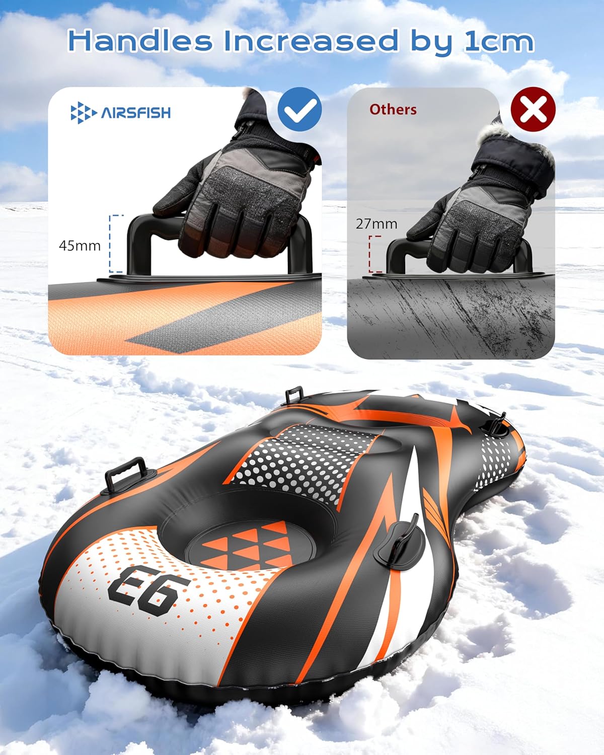 snow tube with towable leash, airsfish inflatable snow sled heavy duty cover wear-resistant & antifreeze material sledding tubes for winter sports 1 blaze racer