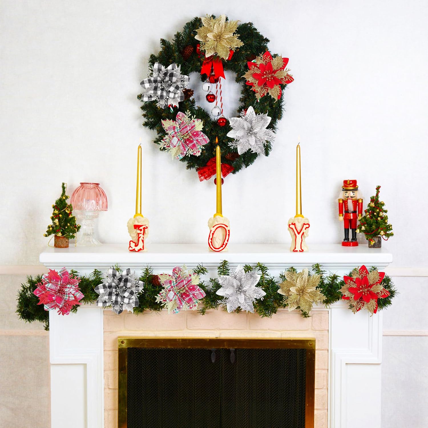 18 Pcs Glitter Christmas Flower Ornaments, 5.5" Christmas Poinsettia Decorations Artificial Flower with Clips for Wreath Xmas Tree Wedding New Year Decor Holiday Winter Home Party Supplies image 3